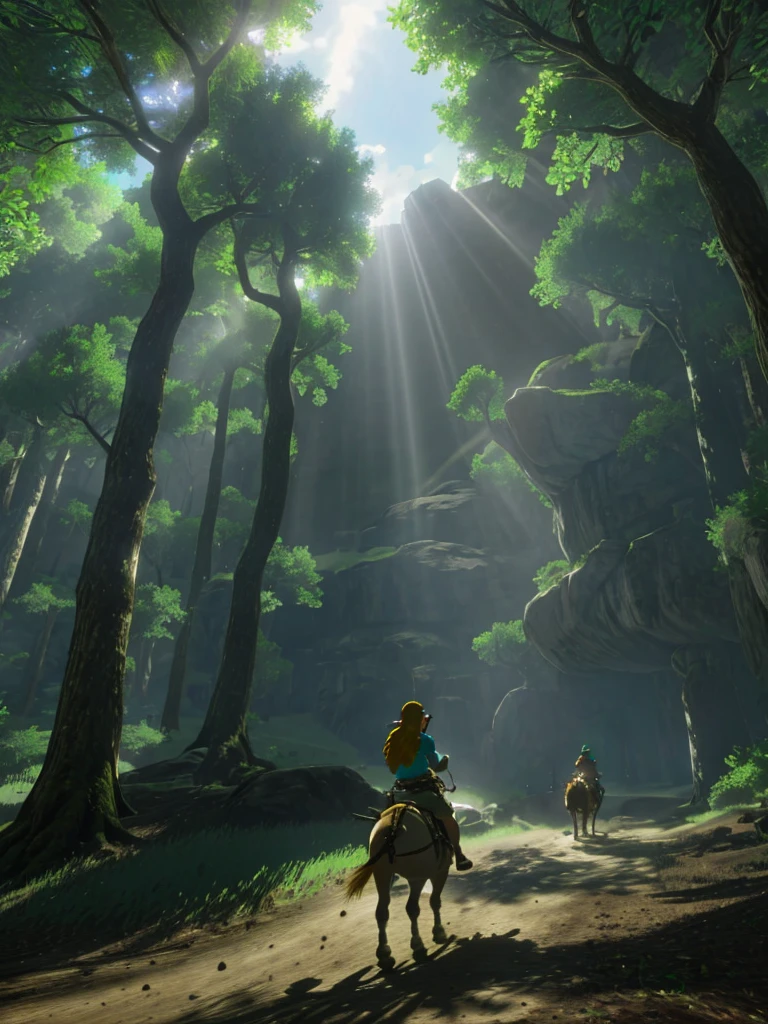 A femenine version of link from tloz riding epona, riding a horse, (epic scene, cinematic:1.2), sunbeams, in a dark woods, lost woods, forest temple, botw style