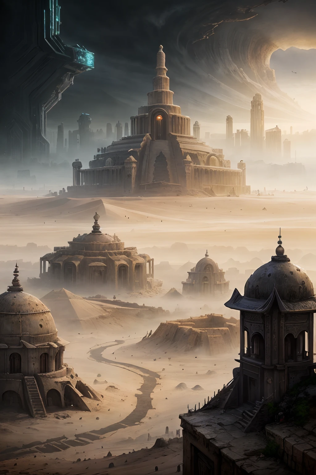 in 8K、top-quality、masterpiece、(Futuristic city with pyramids in the background), ancient sci - fi city, (huge futuristic temple city), sci-fi fantasy wallpaper, (Ancient yet futuristic), Ancient Cyberpunk、Ancient science fiction art, epic fantasy sci fi illustration, epic scifi fantasy art, City of Dunes and Temple of Arrakis,