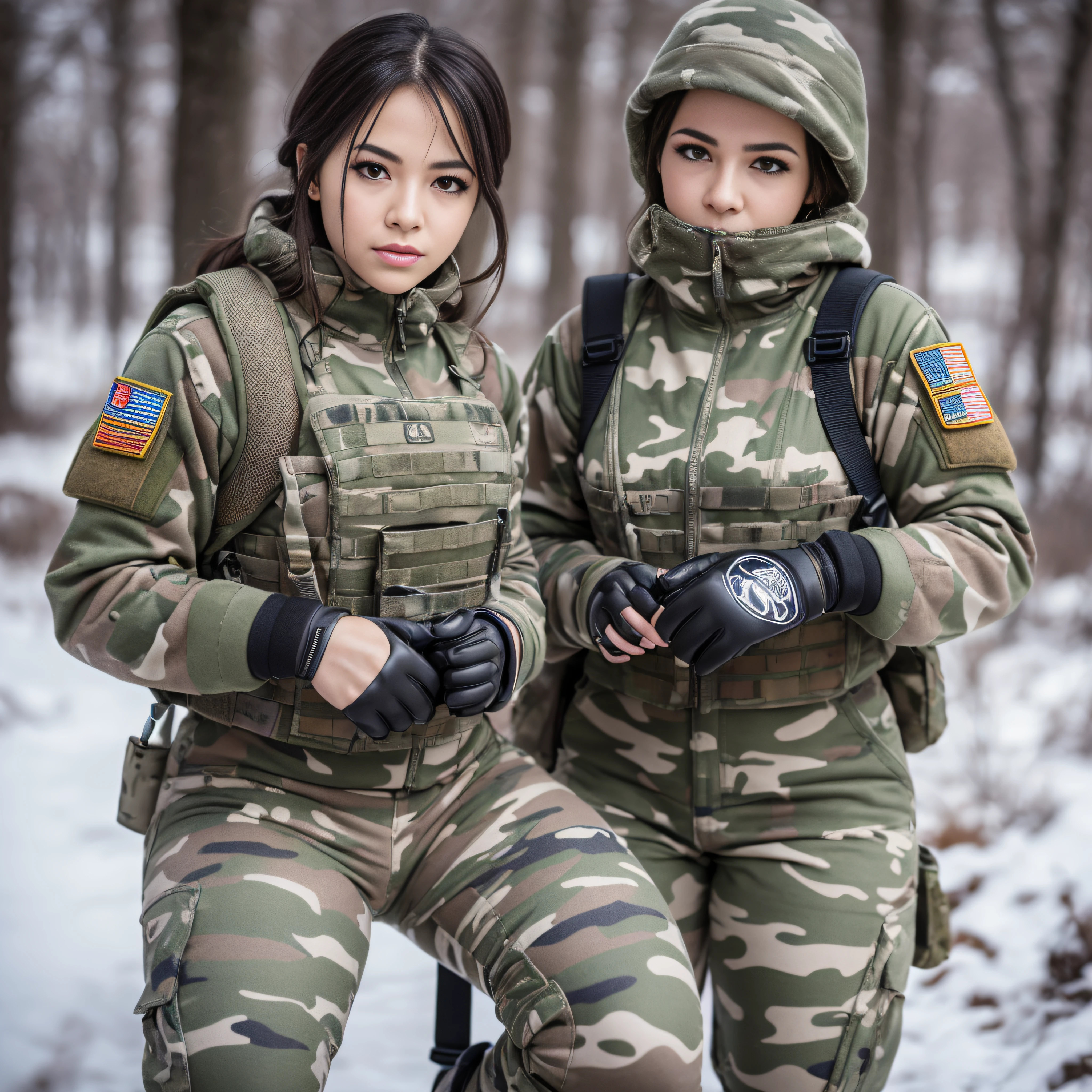 (Photorealistic), Beautiful lighting, Best Quality, Realistic, Full body portrait, real picture, Intricate details, depth of fields, 2girs and both are desperate to pee, and start to pee, hand between their legs leaving a dark wet spot in their crotch. In a cold blizzard, Very muscular soldier girls with a haircut, Fatigue of the army wearing winter camouflage, Camouflage Plate Carrier Rig, Combat gloves, (Magazine Pouch), (Kneepads), highly detailed, Perfect face, Brown eyes, Lips, wide hips, Small waist, tall, make up, Tactic, FUJI XT3, Outdoors, bright day, Beautiful lighting, Raw photo, 8K UHD, Film grain, ((Bokeh))