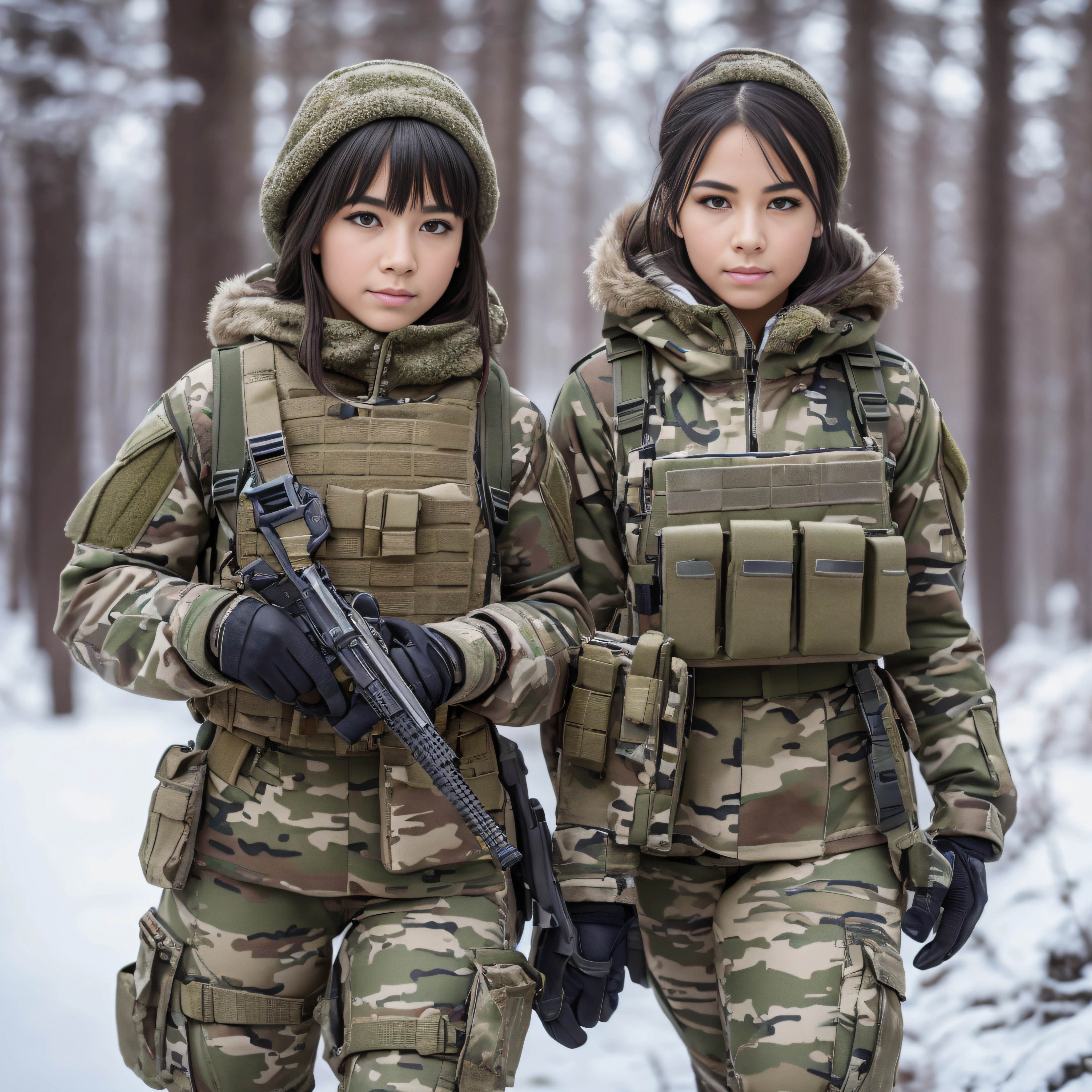 (Photorealistic), Beautiful lighting, Best Quality, Realistic, Full body portrait, real picture, Intricate details, depth of fields, 2girs and both are desperate to pee, and start to pee, hand between their legs leaving a dark wet spot in their crotch. In a cold blizzard, Very muscular soldier girls with a haircut, Fatigue of the army wearing winter camouflage, Camouflage Plate Carrier Rig, Combat gloves, (Magazine Pouch), (Kneepads), highly detailed, Perfect face, Brown eyes, Lips, wide hips, Small waist, tall, make up, Tactic, FUJI XT3, Outdoors, bright day, Beautiful lighting, Raw photo, 8K UHD, Film grain, ((Bokeh))