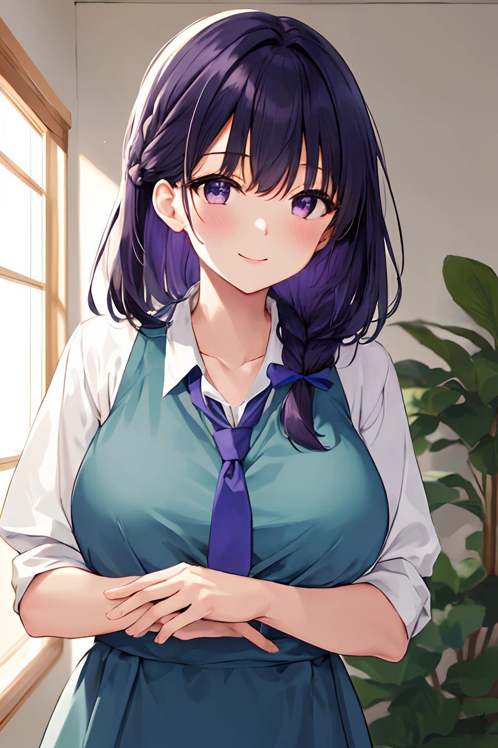masterpiece, high quality, 8k, beautiful lighting, 1girl, solo, Kurokawa Akane (Oshi no Ko), LoRA, blue necktie, long olive green dress, mid-back length, dark-purple hair, that has chin-length bangs hanging on either side, light purple eyes, beauty mark under right eye, mommy, Braid hair below right shoulder, 32 years old, upper body, portrait, looking at viewer, in a luxurious living room, breast size I cup, smile, remove ties and shirt collars