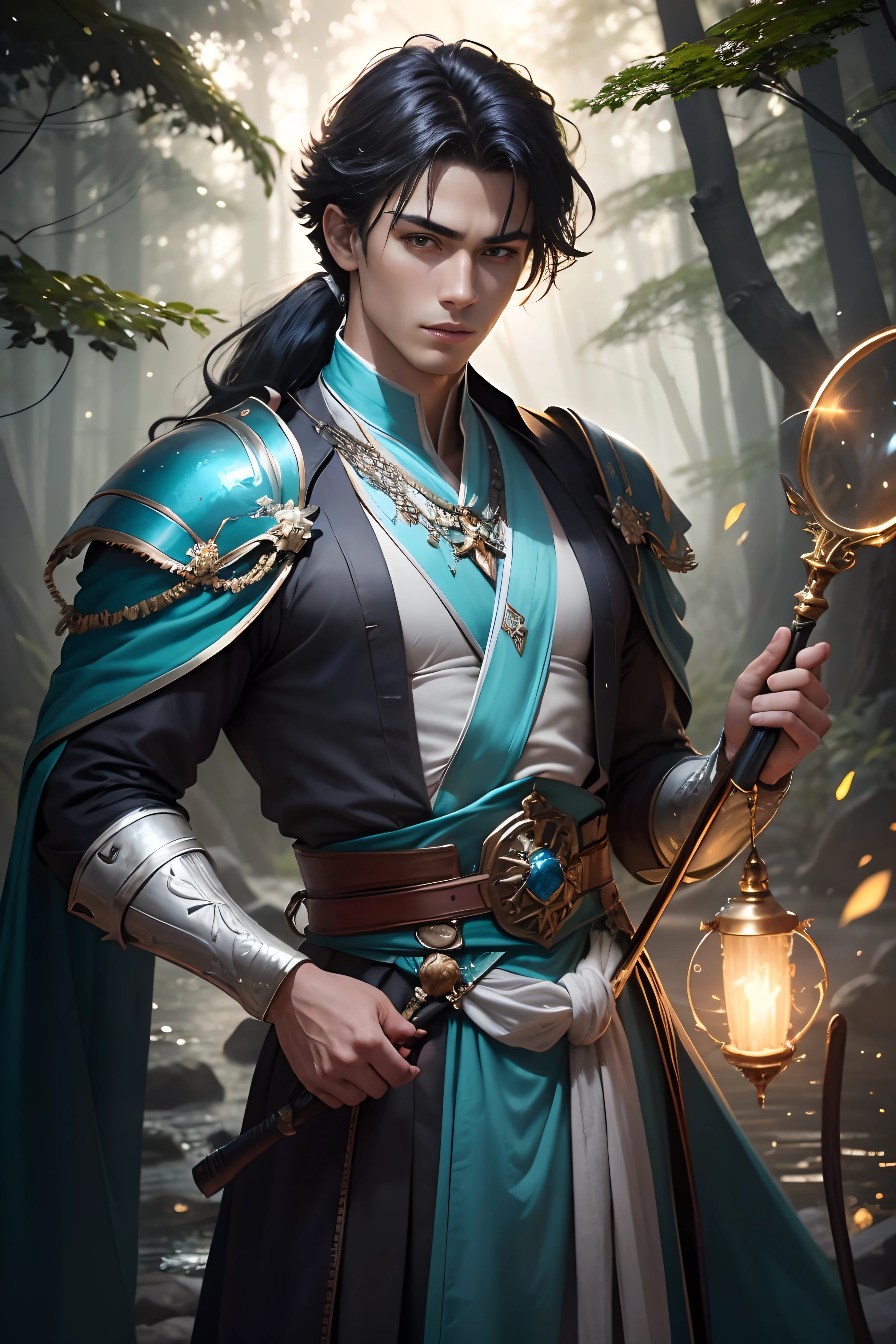 8K,Photorealsitic, Raw photography, top-quality;1.4) ,　(One young man 16 year old),　Super handsome,　(Lifelike face),　blue-black hair,　Handsome prince,　Cyan silk robe,　green decoration, glares,　holding a staff,　forests,　realisitic,　Precise details,　unrealengine,　Beautiful expression,　Details of each part,　electricity glows in the palm(effect),　super high resolution,　A hyper-realistic,　attractive male,　real looking skin,　Fantasy Emperor,　Handsome man, wind magic, water magic, forest at night, stars in the sky, (medium length hair with low ponytail), silk floating clothes, lots of fireflies