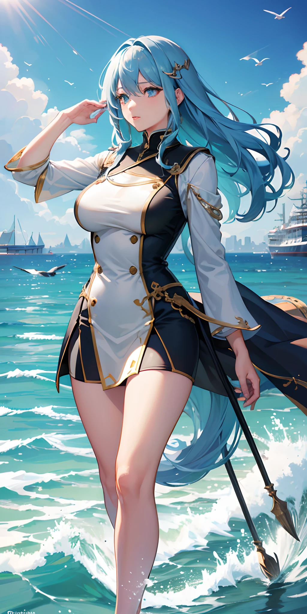(best quality,4k,highres:1.2),ultra-detailed,realistic,long luscious hair flowing in the wind,flowing blue hair,beautiful detailed eyes and lips,aqua eyes,naval Khakis outfit,short black pencil skirt,standing on the pier in the harbour,pier surrounded by water and boats,seagulls flying in the distance,the woman looking confidently into the distance,her hair shimmering in the sunlight,calm and serene atmosphere,vivid colors,soft natural lighting,crisp and sharp focus,subtle bokeh effect