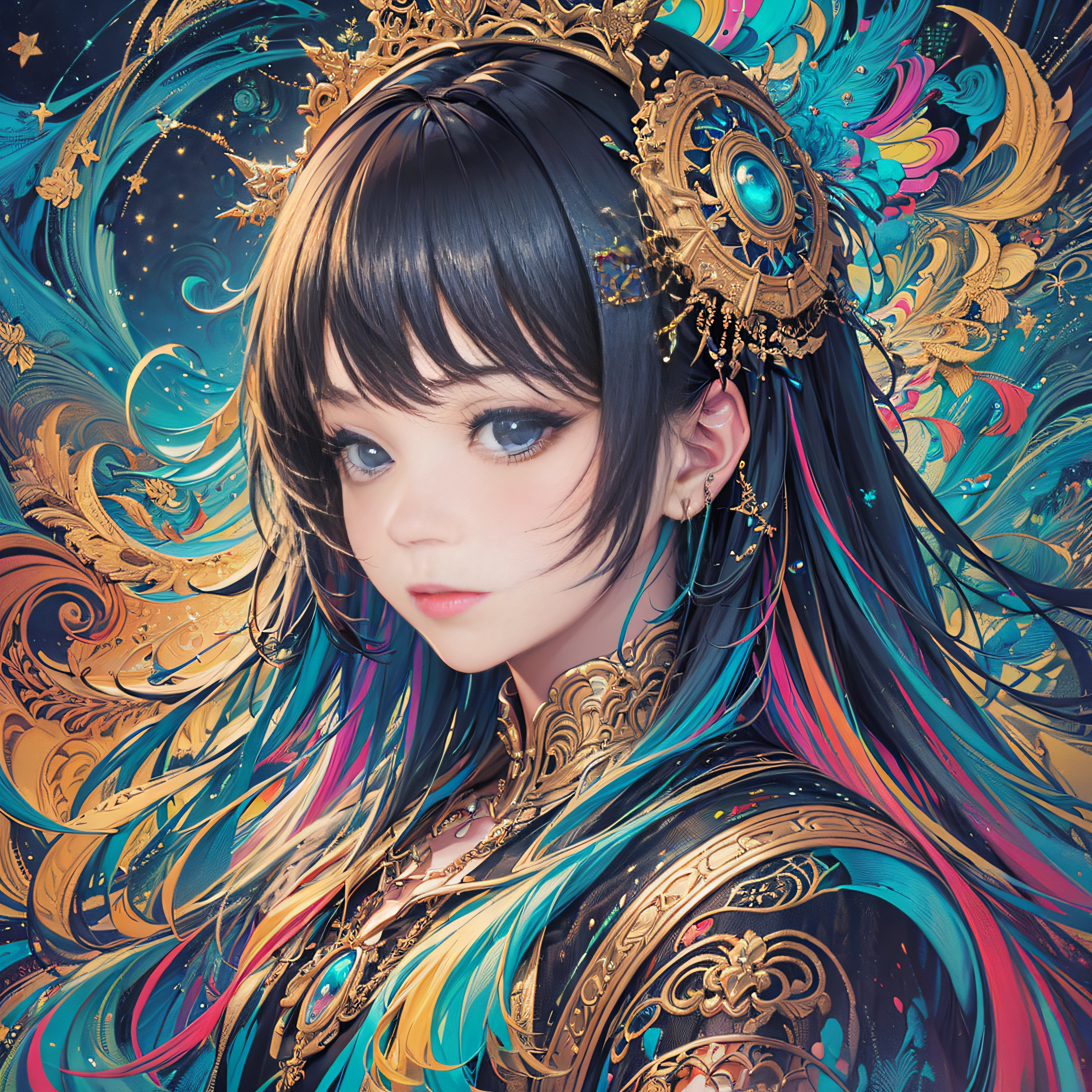 (masterpiece、top-quality、top-quality、Official art、Beautifully Aesthetic:1.2)、Highly detailed fractal art、(colourfull:1.5)、highest details、Zentangle、a closeup、 (1girl in:1.5), 独奏, (dynamicposes), (Abstract background:1.5), (shinny skin),