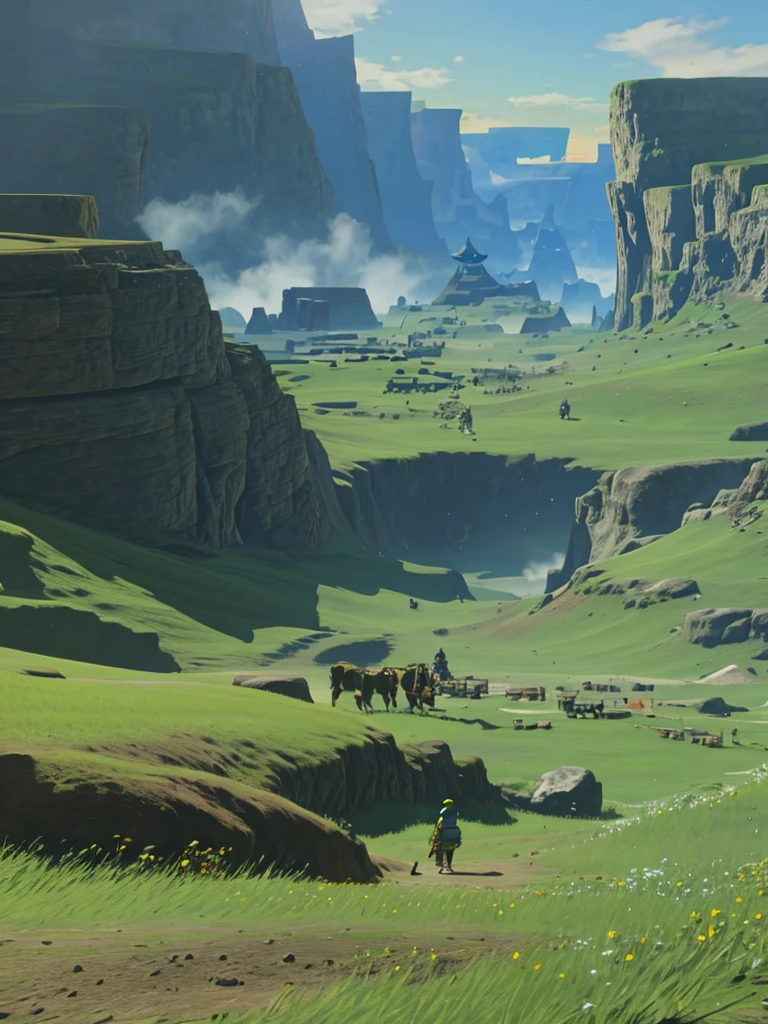 a epic landscape of the lengend of zelda, hyrule field, (epic scene, cinematic:1.2), botw style