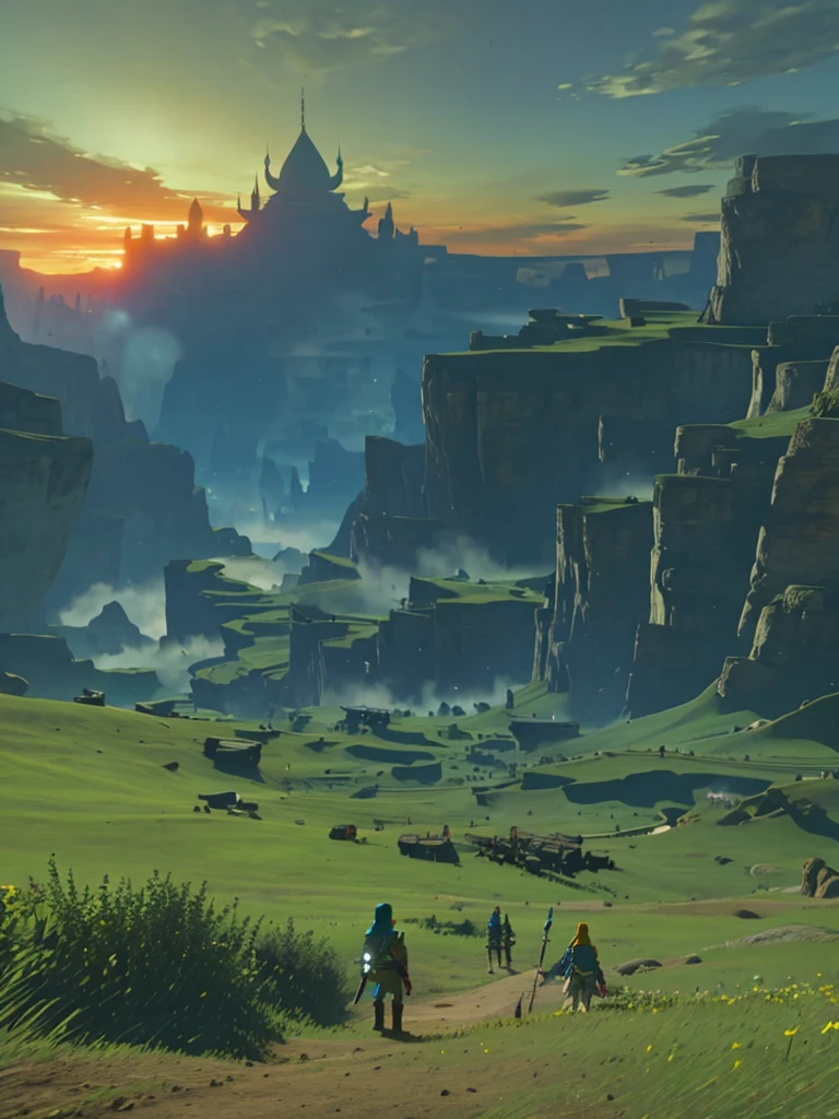 a epic landscape of the lengend of zelda, hyrule field, (epic scene, cinematic:1.2), botw style