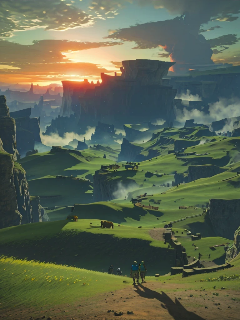 a epic landscape of the lengend of zelda, hyrule field, (epic scene, cinematic:1.2), botw style