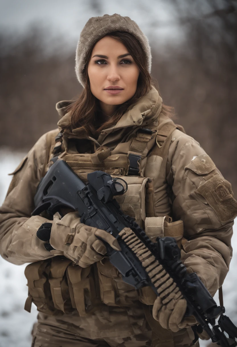 (Photorealistic), Beautiful lighting, Best Quality, Realistic, Full body portrait, real picture, Intricate details, depth of fields, 2girs and both are desperate to pee, one girl sits on the other's girl's lap and pee in her pants on the other girl's lap. In a cold blizzard, Very muscular soldier girls with a haircut, Fatigue of the army wearing winter camouflage, Camouflage Plate Carrier Rig, Combat gloves, (Magazine Pouch), (Kneepads), highly detailed, Perfect face, Brown eyes, Lips, wide hips, Small waist, tall, make up, Tactic, FUJI XT3, Outdoors, bright day, Beautiful lighting, Raw photo, 8K UHD, Film grain, ((Bokeh))