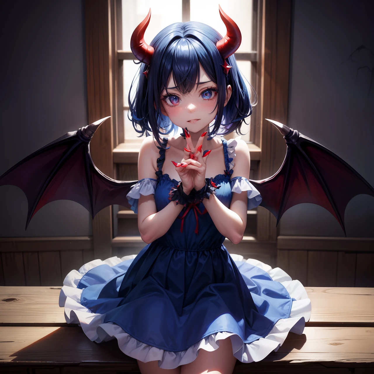 masterpiece、top-quality、1girl in、(I'm wearing a mob hat)、Medium hair with blue hair、red blush、the bow、ascot、wingspan、Bedroom background、Colossal tits、A slender、remilia scarlet、a closeup、fullnude、Seductive posture、It is dripping with the mouth open and the tongue sticking out、Happy face