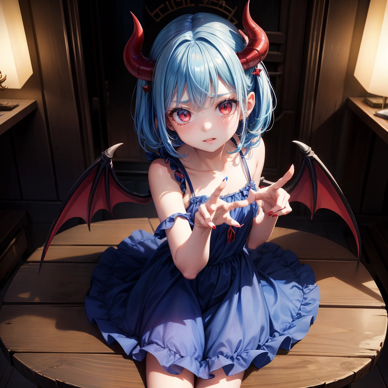 masterpiece、highest quality、1 girl、(wearing a mob hat)、medium blue hair、blush、bow、Ascot、wingspan、bedroom background、big breasts、Slender、Remilia Scarlet、I can see the whole body、full nude、lying on your back、open mouth and drip、cute face、beautiful breasts、legs open