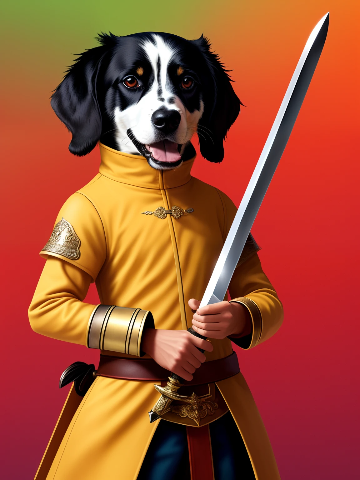 Anthropomanthic dog holding a sword with one head