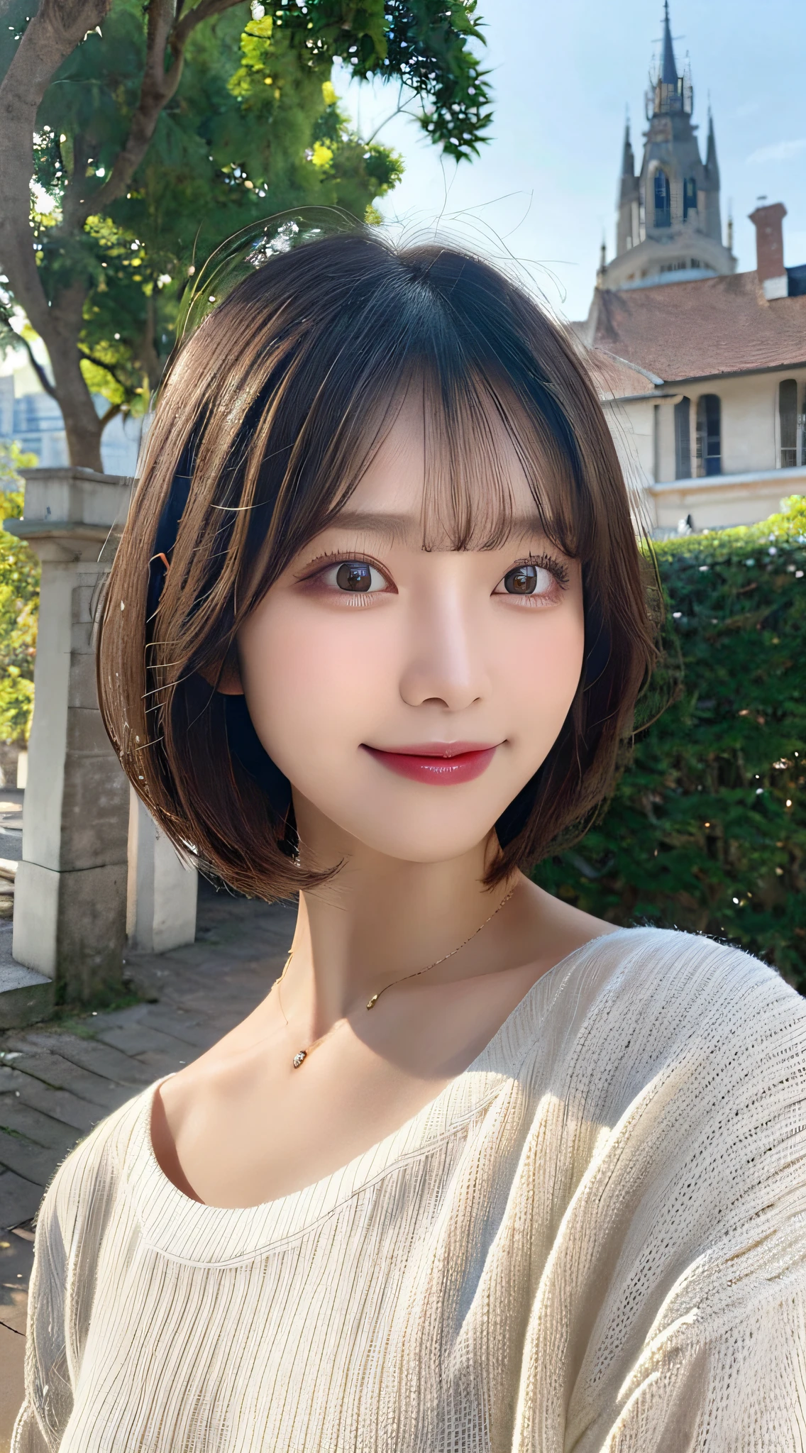 Best Quality, Real Stick, Ultra-detailed, finely detail, hight resolution, in 8K、Wallpaper, Perfect dynamic composition, Beautiful detailed eyes, White sweater, Bob Hair, short-hair, Bangs, A dark-haired, mid-chest, Natural Color Lip, Body orientation is front,Smile,Tower Mansion