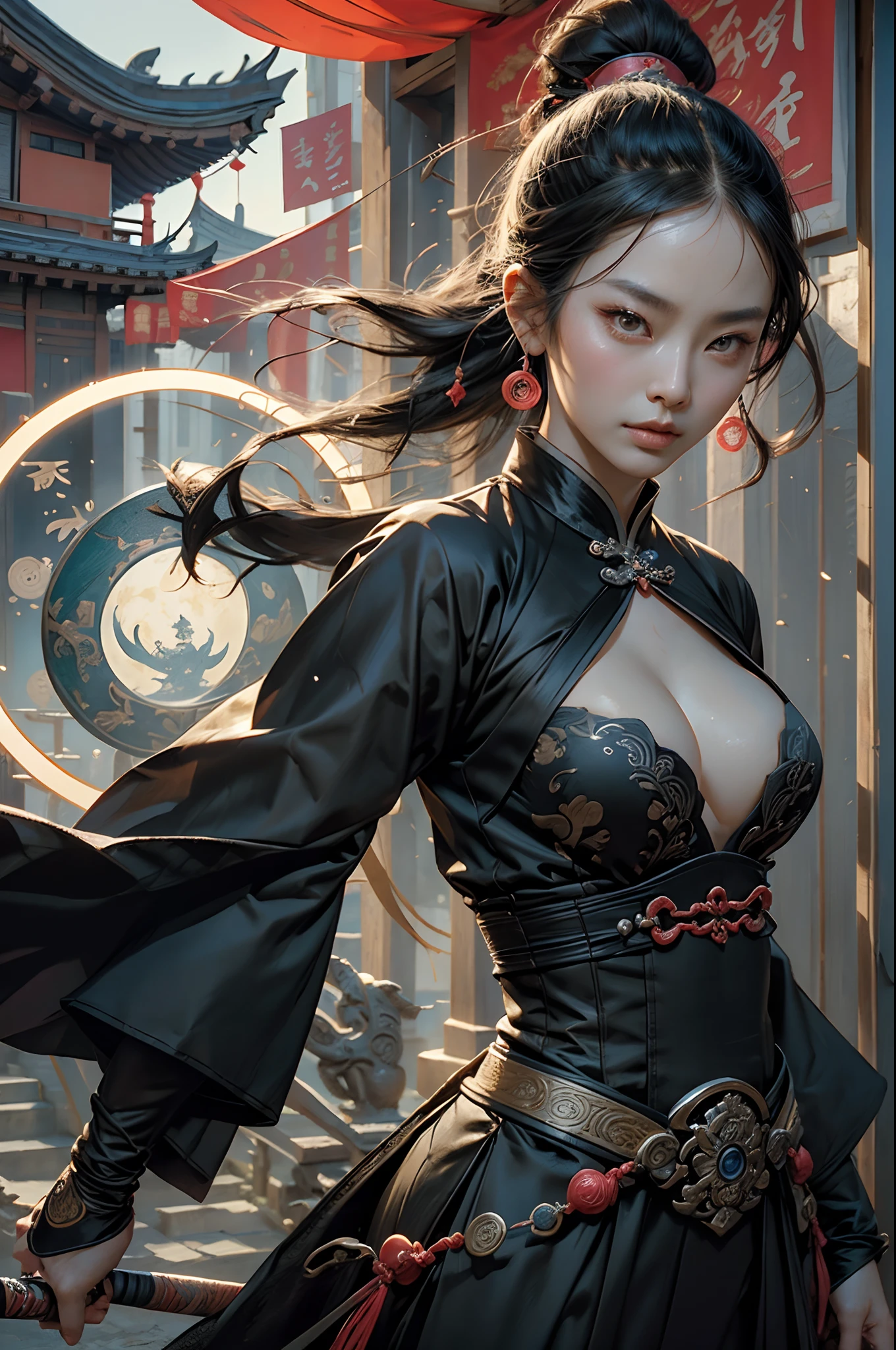 Best quality,Masterpiece,超高分辨率,(Photorealistic:1.4),xiuxian,arma,Detailed face,, 1girll,Solo,arma,cleavage,(Magical Circle:1.2),xiuxian,Upper body,Beautiful girl,full bodyesbian,east asian architecture,scabbard,architecture,swordsmen,