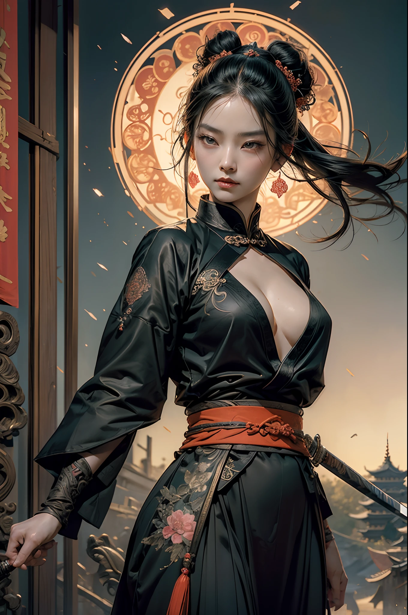 Best quality,Masterpiece,超高分辨率,(Photorealistic:1.4),xiuxian,arma,Detailed face,, 1girll,Solo,arma,cleavage,(Magical Circle:1.2),xiuxian,Upper body,Beautiful girl,full bodyesbian,east asian architecture,scabbard,architecture,swordsmen，