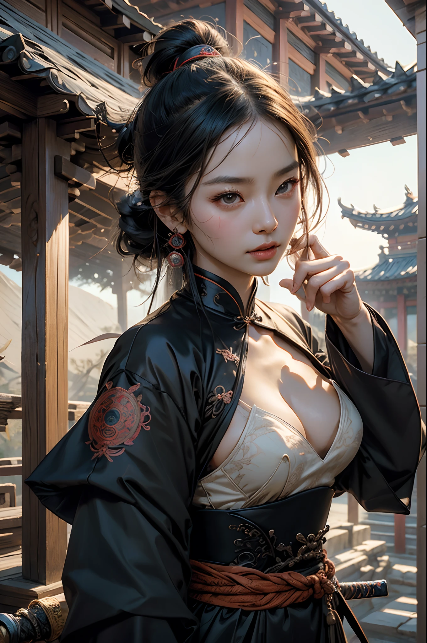 Best quality,Masterpiece,超高分辨率,(Photorealistic:1.4),xiuxian,arma,Detailed face,, 1girll,Solo,arma,cleavage,(Magical Circle:1.2),xiuxian,Upper body,Beautiful girl,full bodyesbian,east asian architecture,scabbard,architecture,swordsmen，