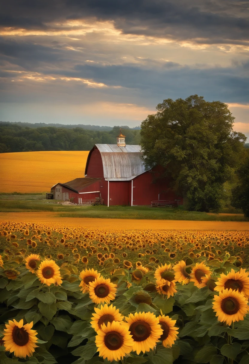 Farm sunflower oil painting.
