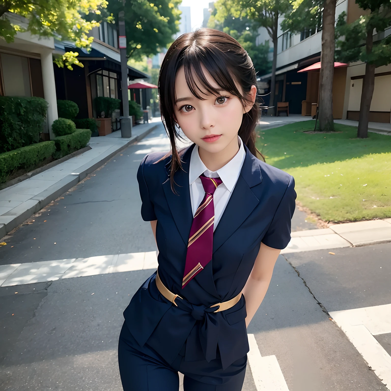(masutepiece, Best Quality:1.2), 8K, Official art, Full body photo, full body Esbian、Emma fastening her tie.Back angle、turned around、cute butt、Suits、Embarrassing black hair、14years、small tits、Beautiful breasts、A delightful、A smile、unbelievable Ridiculous, (Upper body, Dark blue pants:Upper body naked1.4), Beautiful Girl, Pretty Face, arching back down, cute butt、Gold hair ornament on hair、Cute trouser suit、close up, Naked on top、Short sleeve, gardenia, violaceaess, Teen, Street, Looking at Viewer, Film grain, chromatic abberation, Sharp Focus, face lights, Dynamic lighting, Cinematic lighting, Eyes and faces with detailed, Bokeh background, (Tie with Emma written on it、1 copy:1.2)