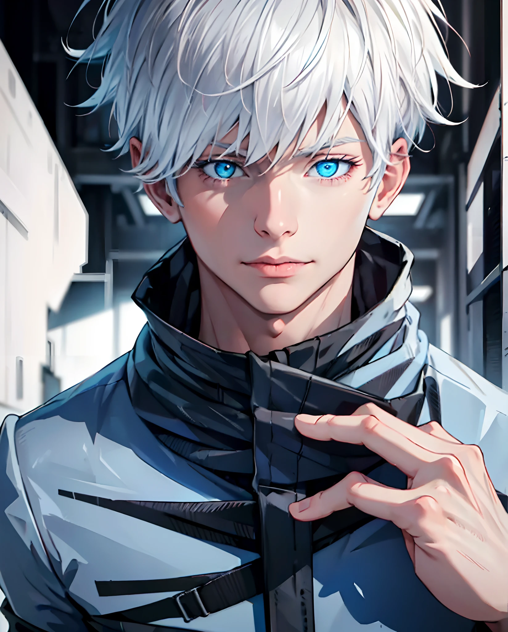 ((Best quality)), ((masterpiece)), ((realistic)), boy, white hair, light blue eyes, black outfit,