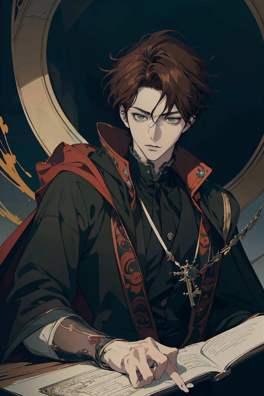 anime drawing of a man Regal , 2 d anime style, male anime style, male anime character, anime style character, delicate, in an anime style, he masterpiece, (absurdres:1.1), best quality, extremely delicate, (beautiful face:1.1), elegant, (great composition), realistic rendering, Dungeons and Dragons, Fantasy, octane rendering, zbrush. Character design, photorealistic, unreal mechanism, hyperdetailed, concept art, trend in art season. ((best quality)), ((masterpiece)), ((realistic)), (detail anime drawing of a man Regal , 2 d anime style, male anime style, (Absurdres, Intricate Details, Masterpiece, Best Quality, High Resolution, 8k), 1 male, masculine, young, aged up, dreadful, finely detailed eyes and face, dark red short mustache hair, hazel eyes,  looking down, solo, (full body:0.6), detailed background, detailed face, ( dark fantasy theme:   fog, dark atmosphere, , Depth of Field, VFX. (absurdres, highres, ultra detailed vector shaded anime, full detailed beautiful masterpiece, (absurdres:1.1), best quality, extremely delicate, Victorian era badass anime drawing of a man Regal a close up dark cloak cape hood up Victorian era primary colors Black red white beautiful uniform androgynous prince, delicate androgynous prince, handsome guy in demon slayer art, anime key visual of elegant, handsome prince, tall anime guy with blue eyes, inspired by Okumura Masanobu, anime handsome man, male anime character, anime portrait of a handsome man, key anime art full body shot brown hair Green eyes solider cold look intimidating mature young regal knight FAKE RIGHT ARM PROSTHETIC