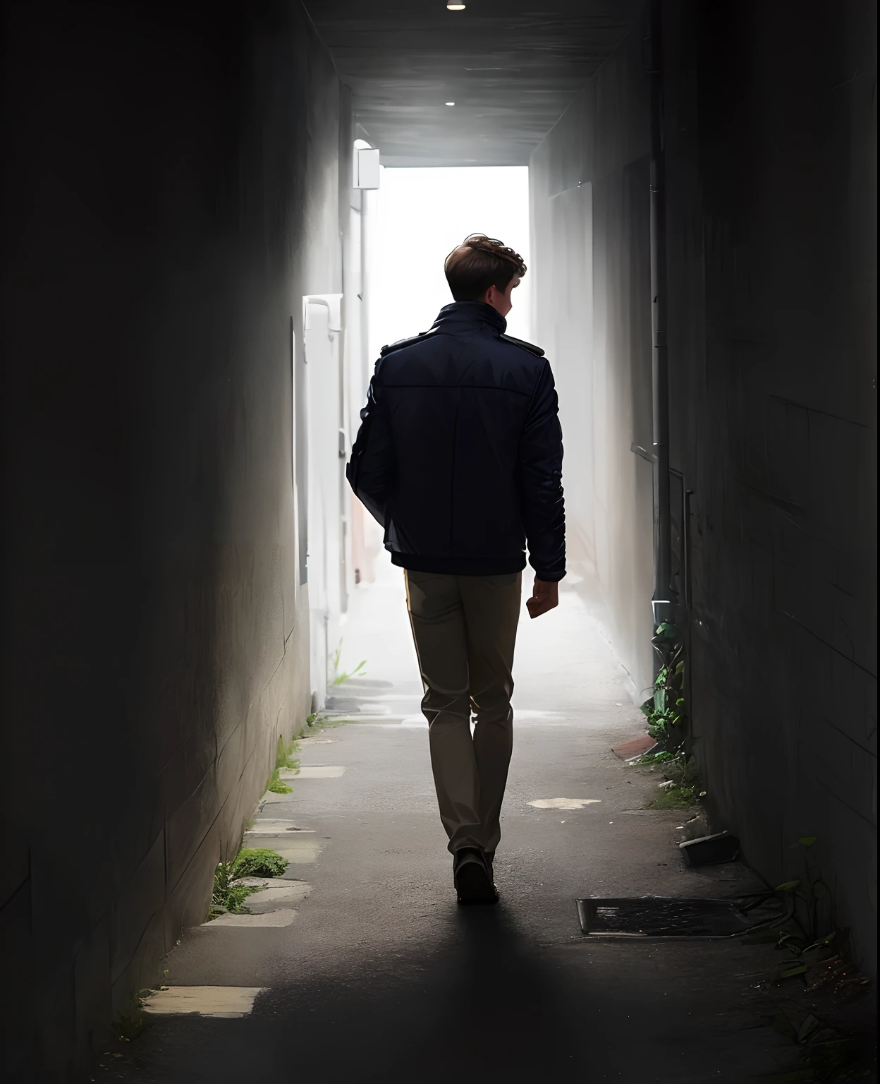 a young man wearing a jacket and trousers walks towards the light in a dark place, facing away from the camera