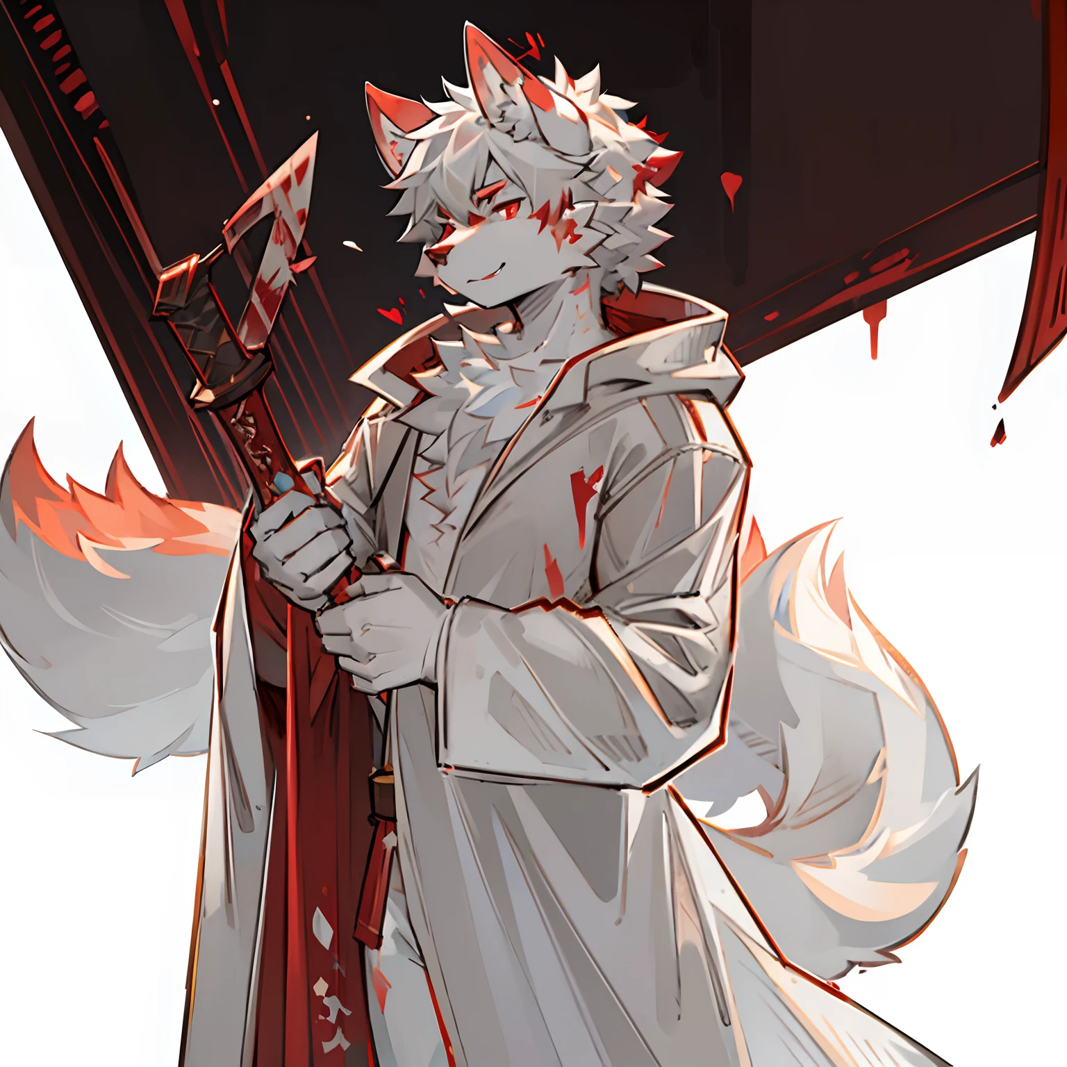 Libido boy,Canine ears,shaggy,large tail,White coat color,He wears a thin white translucent coat with blood stains on his neck,height of one meter seven,Handsome,In his hand he was holding a blood-stained dagger,Red eyes, sickly smile