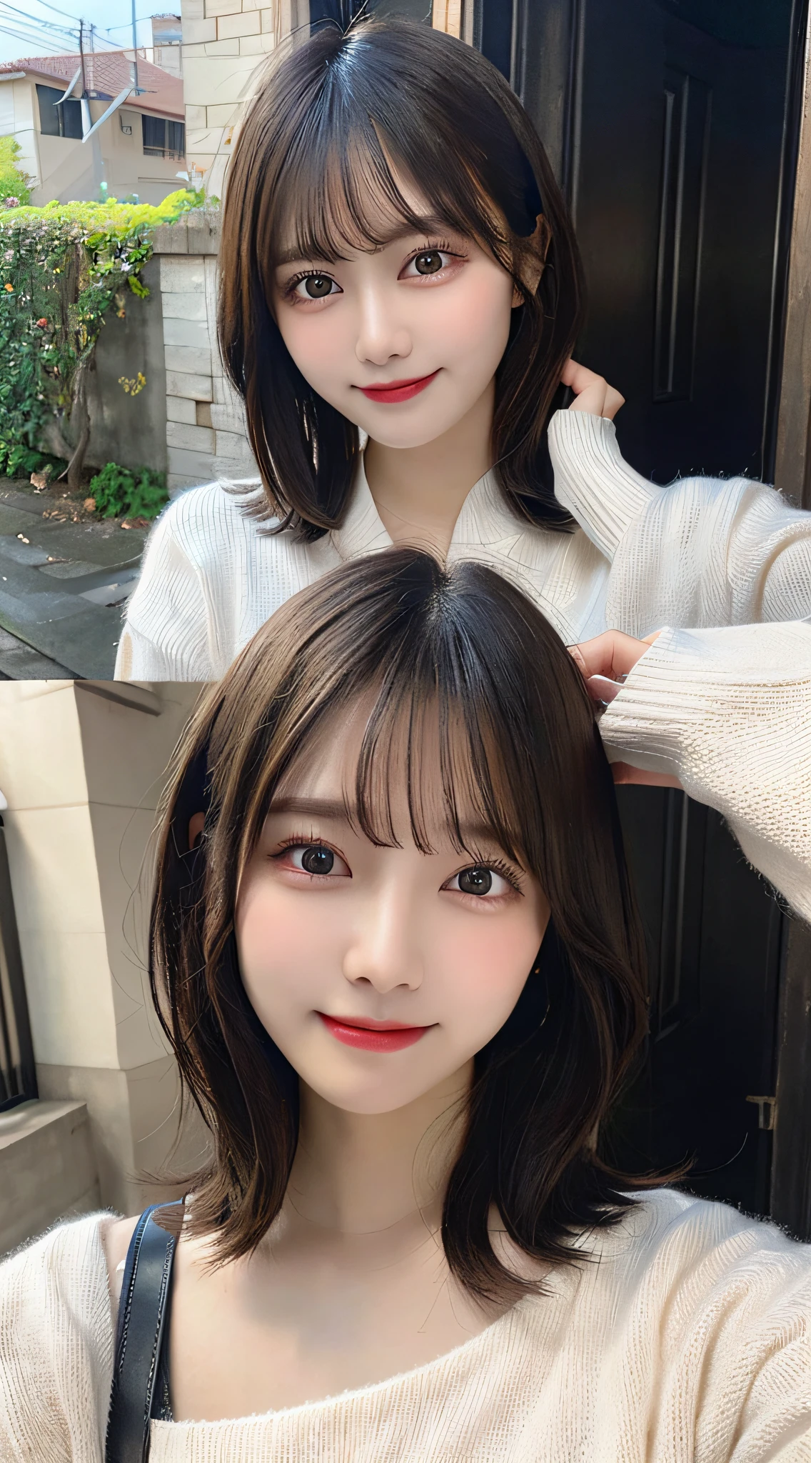 Best Quality, Real Stick, Ultra-detailed, finely detail, hight resolution, in 8K、Wallpaper, Perfect dynamic composition, Beautiful detailed eyes, White sweater, Bob Hair, short-hair, Bangs, A dark-haired, mid-chest, Natural Color Lip, Body orientation is front,Smile,Tower Mansion