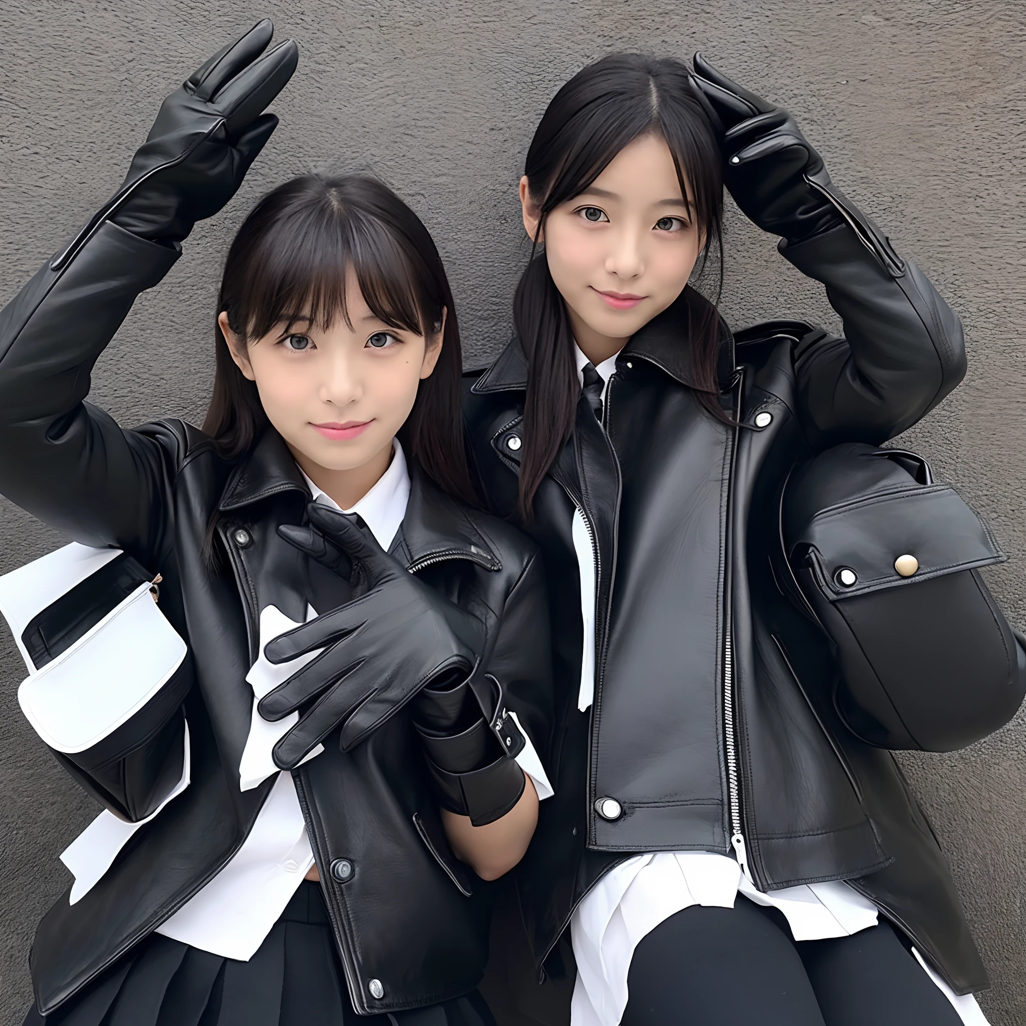 Black leather gloves on both hands up to the tips of the fingers、Innocent Japan high school girl Black Leather Double Rider's Jacket、(Black leather gloves on both hands up to the tips of the fingers)、Black Leather Skinny Pants、Black Leather Knee High Long Boots(Black leather gloves on both hands up to the tips of the fingers)