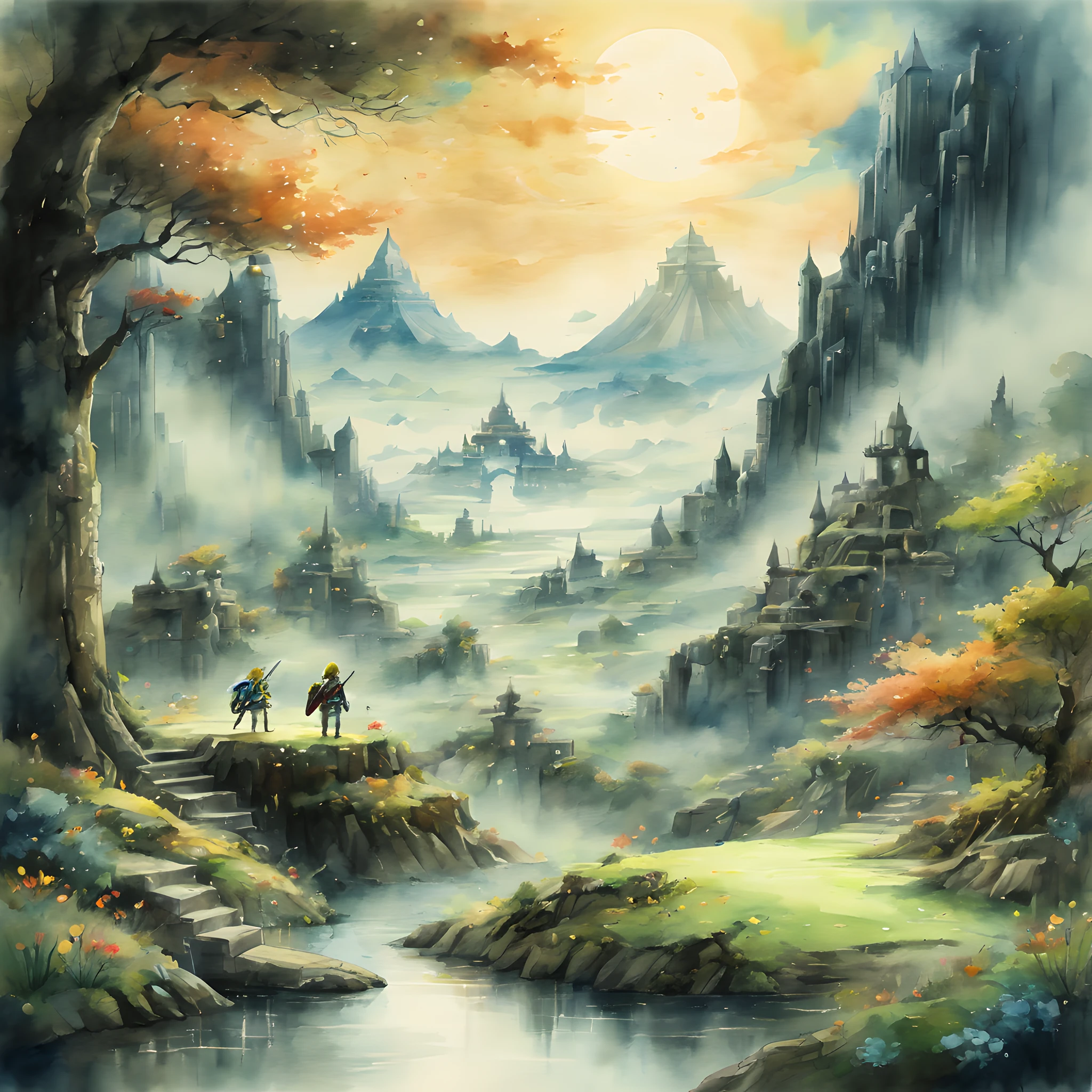 (Zelda Style Scenery:1.5), (Zelda theme:1.5), (ink and watercolor painting:1.5), (Tasteful:1.5), (ink and watercolor painting:1.5), (full color:1.5), 8k, 4k, (landscapes:1.5),