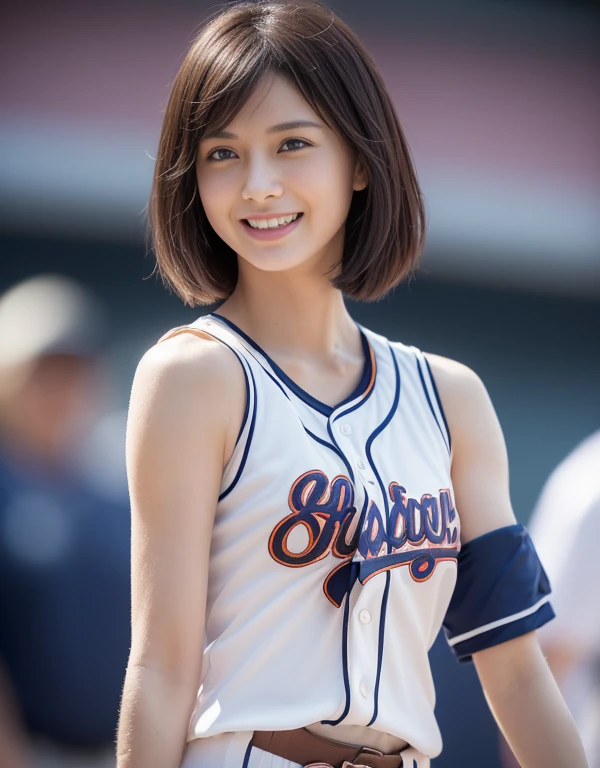 (Best Quality, 8K, 32 k, masutepiece, (One slender woman from Japan, 28 years old, Tall gravure model), dark brown hair, Bright foreground, Professional Lighting, photon maping, Radio City, shading:1.3, (high-detail skin:1.2), (Huge breasts:1.3), (Shorts, exposed shoulder:1.1), randome pose, ((Provocative Dynamic Poses)), (she is soaking wet), top-down view:1.5, (Baseball Uniforms:1.1), extra detailed face, Detailed lips, Detailed eyes, Double eyelids, Inside the stadium, Find your camera, (Sensual gaze on the photographer, lips slightly open.), Break the clear sky, Baseball Stadium, The audience is excited, Confetti flies...., Happy smiling face,Seductive pose