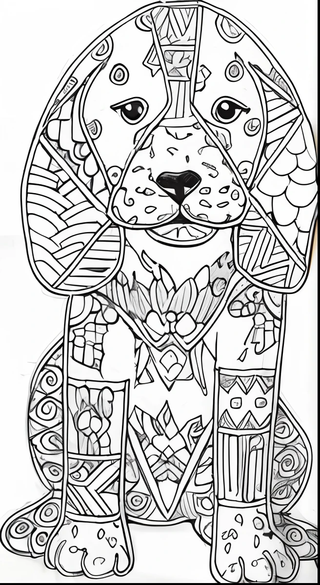 Coloring page with a dog, sitting on the ground, coloring book, Coloring Book Style, Coloring, Coloring book page, Plan-coloring, Insanely detailed, Coloring, Thick and bold black outlines, Leticia Gillette, Detailed rabbit in the middle, super intricate, a lot of details, Clean coloring page, Black and white coloring page