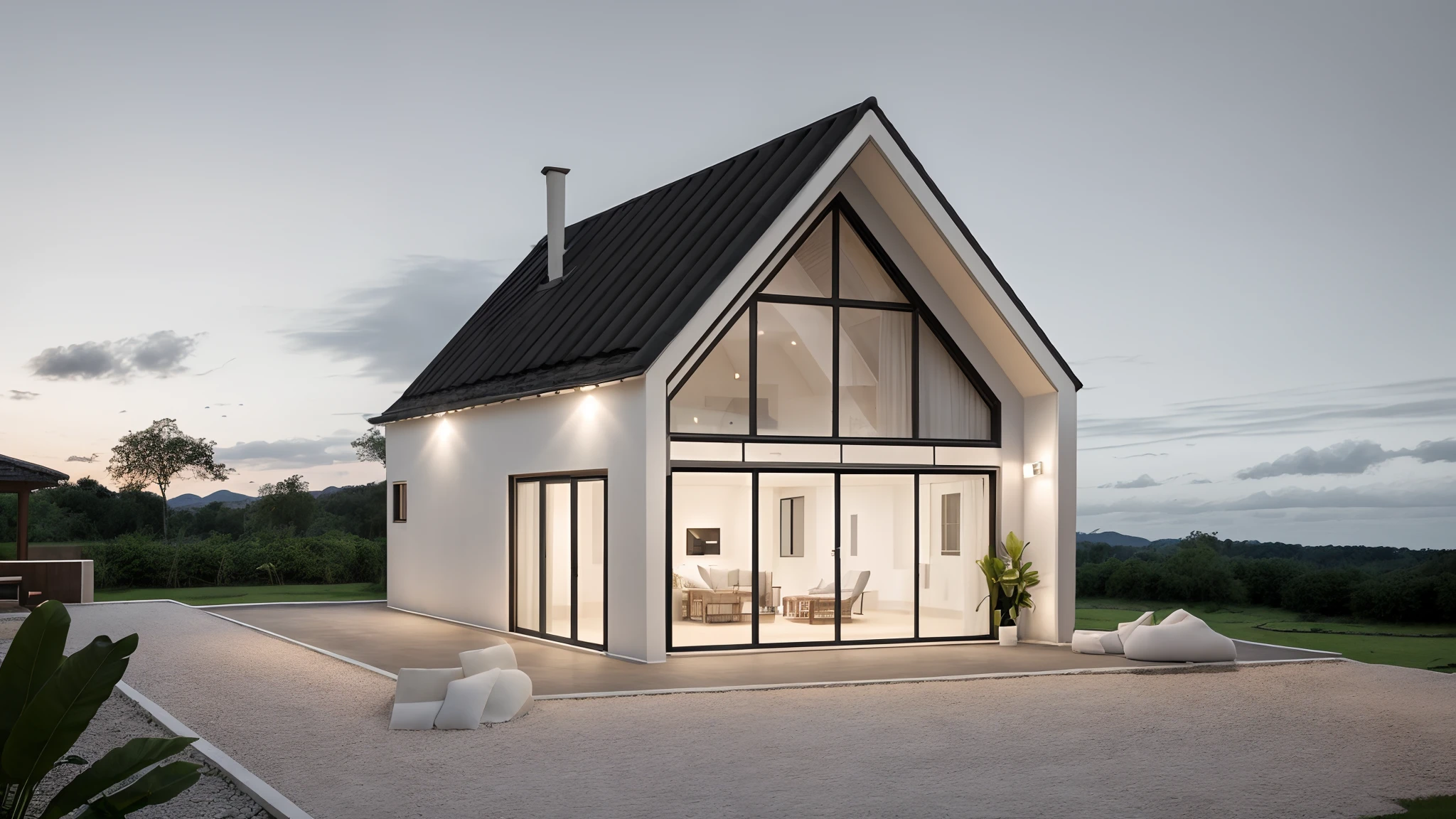 RAW photo,Masterpiece, high quality, best quality, authentic, super detail,
outdoors, homestay style modern in countryside  with dark tile roof, white wall, galss windows, indoors furniture,chimney,
tropical garden, Garden and walkway in front 
night light, soft light, black sky