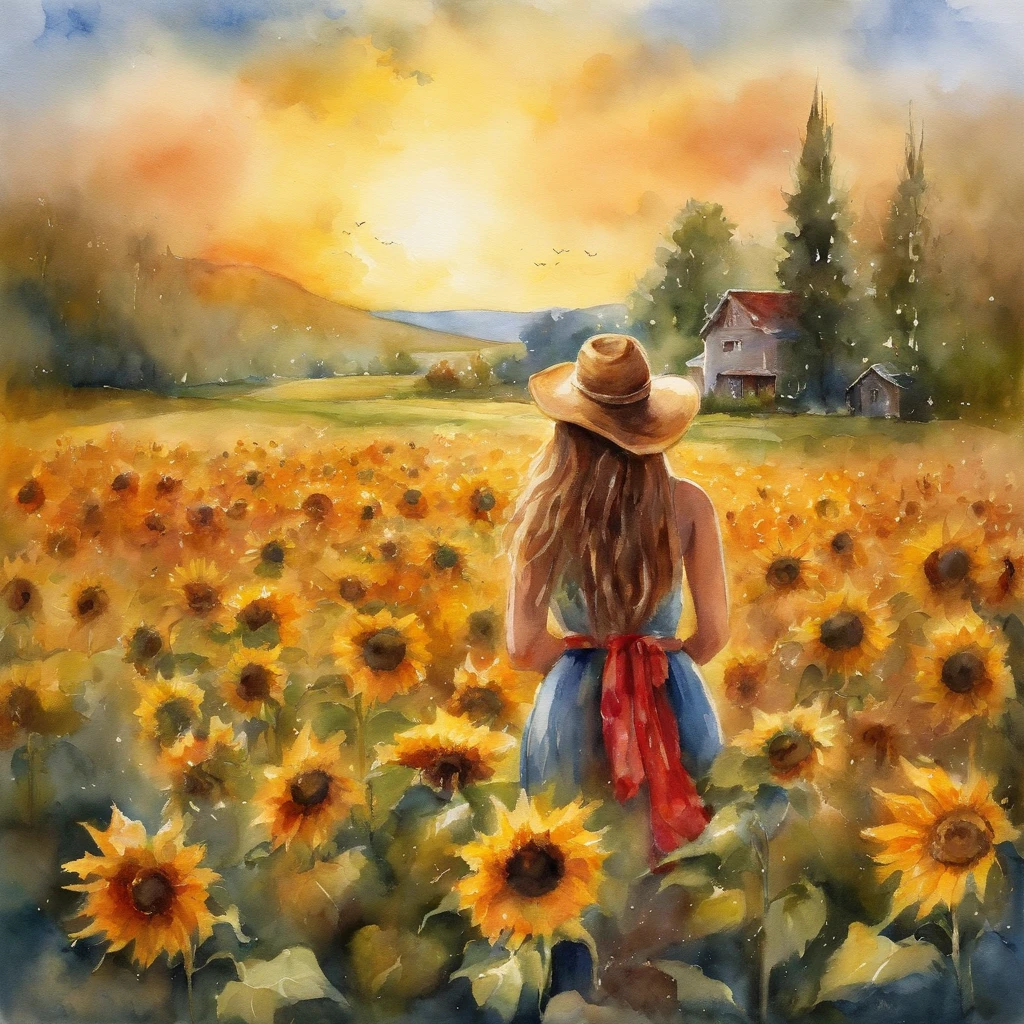 sunflower fields、Rear view of a beautiful girl、rays of sunshine