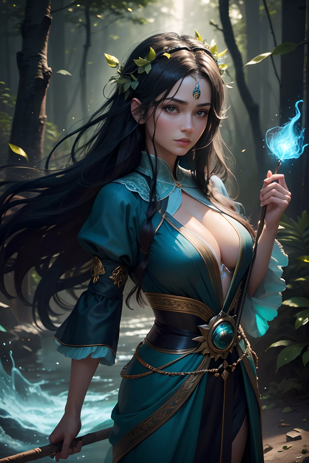 8K,Photorealsitic, Raw photography, top-quality;1.4) , (One female 36 years old), Super beautiful, (Lifelike face), blue-black hair, Handsome princess, Cyan silk robe, green decoration, glares, holding a staff, forests, realisitic, Precise details, unrealengine, Beautiful expression, Details of each part, electricity glows in the palm(effect), super high resolution, A hyper-realistic, attractive female, real looking skin, Fantasy Emperor, wind magic, water magic, forest at night, stars in the sky, messy hair, goatee, silk floating clothes, lots of fireflies, (leaf headpiece)
