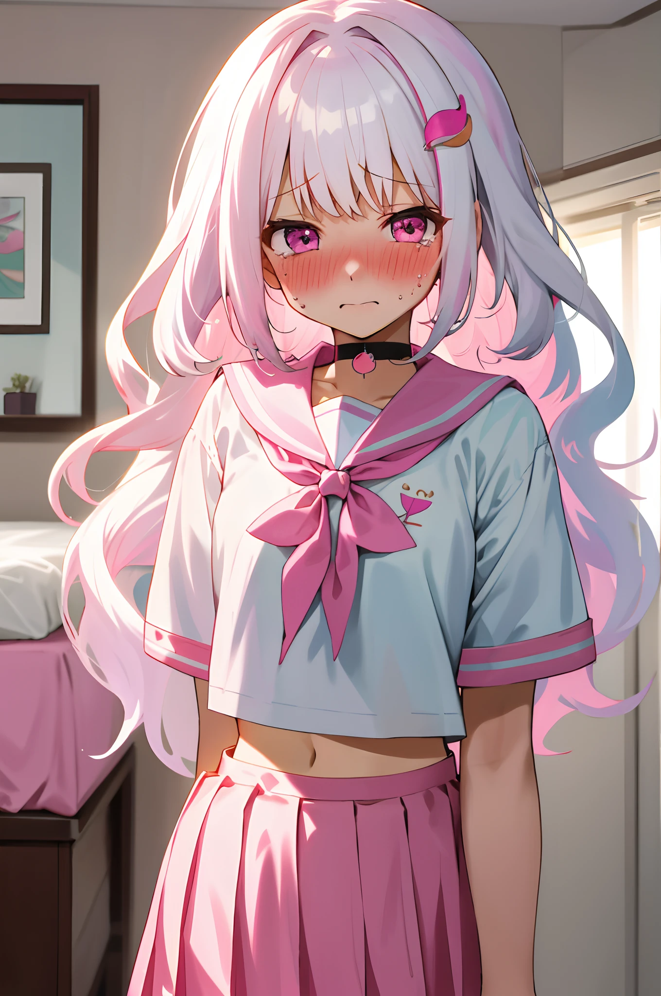 One girl with long wavy hair, white hair, looking at viewer, embarrassed, blushing, tears, indoor , girls bedroom, pink bed, cute girls room, pink sailor uniform, white shirts, pleated skirt , pink skirt, mini skirt, midriff, slim, dizzy, choker, mid-chest, wide hips, perfect waist, bed, sit on, spread legs, day atmosphere, hair ornament, kneeling pose