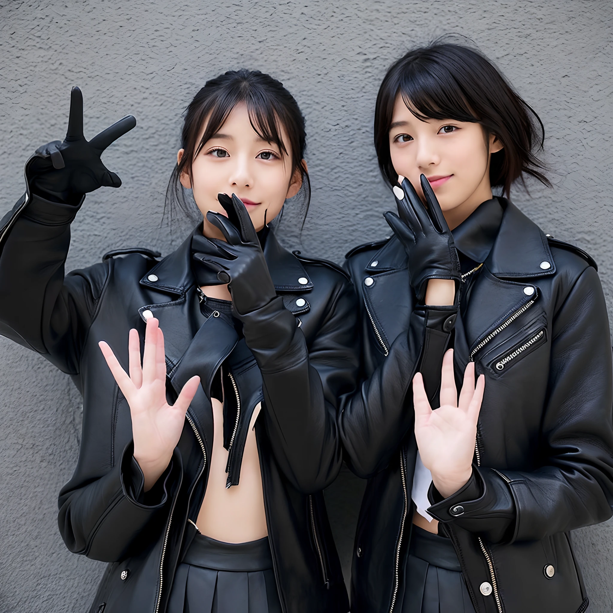 Black leather gloves on both hands up to the tips of the fingers、Innocent Japan high school girl　Black Leather Double Rider's Jacket、(Black leather gloves on both hands up to the tips of the fingers)、Black Leather Skinny Pants、Black Leather Knee High Long Boots(Black leather gloves on both hands up to the tips of the fingers)