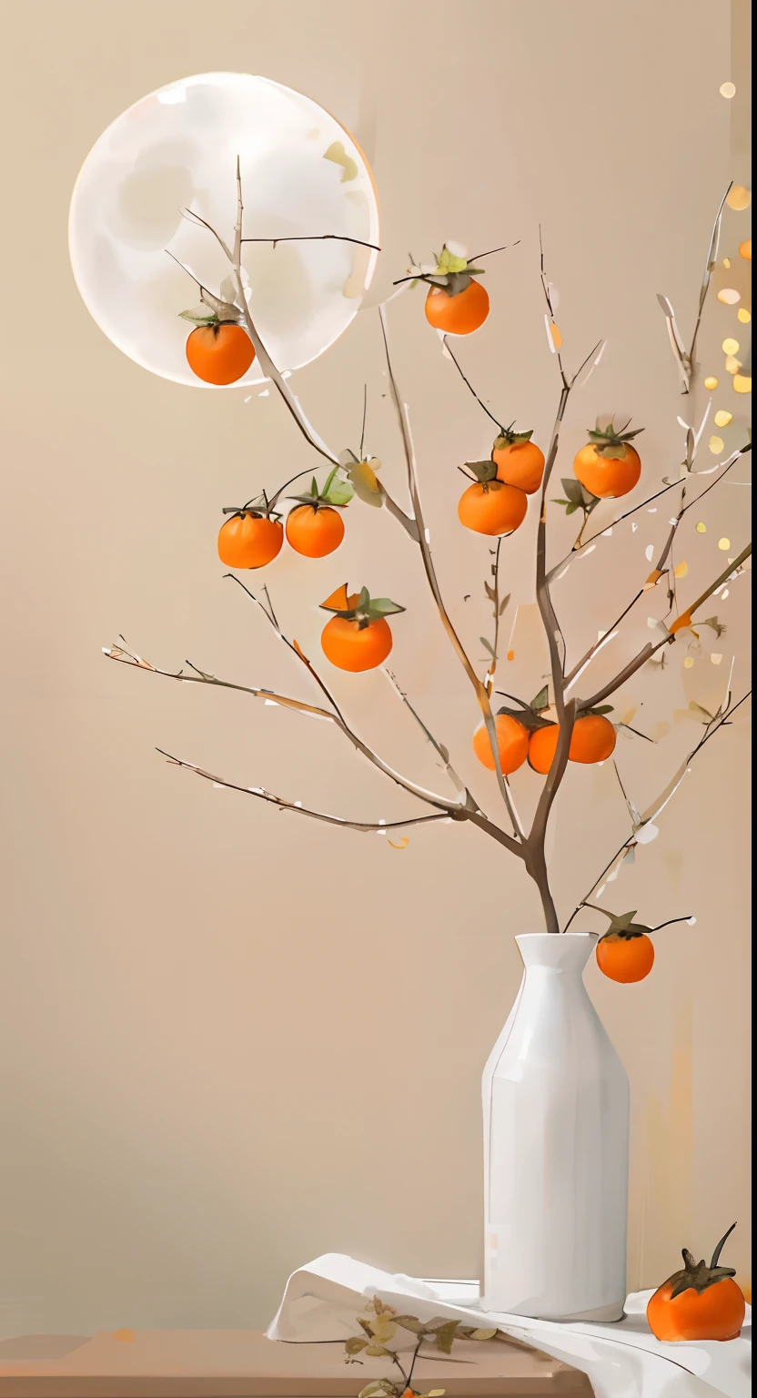 There is a vase,There is a persimmon branch inside, orange color theme, orange plants, orange and white color scheme, orange hues, orange color theme, Organic jewelry, orange and white, Light orange, white and orange, still life photo of a backdrop, oranges, Orange tones, Orange tone, Orange color, vibrant but dreary orange