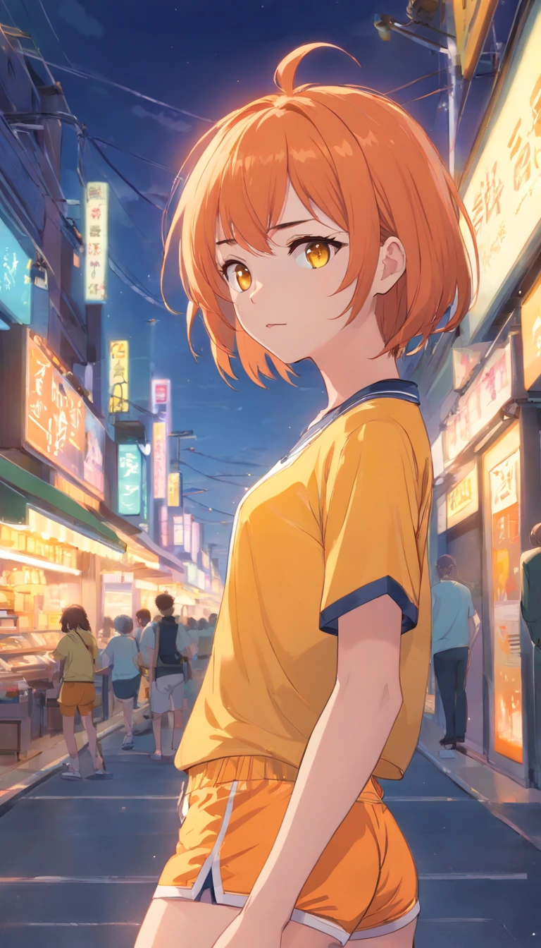 masterpiece、top-quality、1 female、Orange hair、Big ass、yellow eyes、a short bob、(Spark:0.7)、Lori、Cycle Shorts、yellow parkers、cycle wear