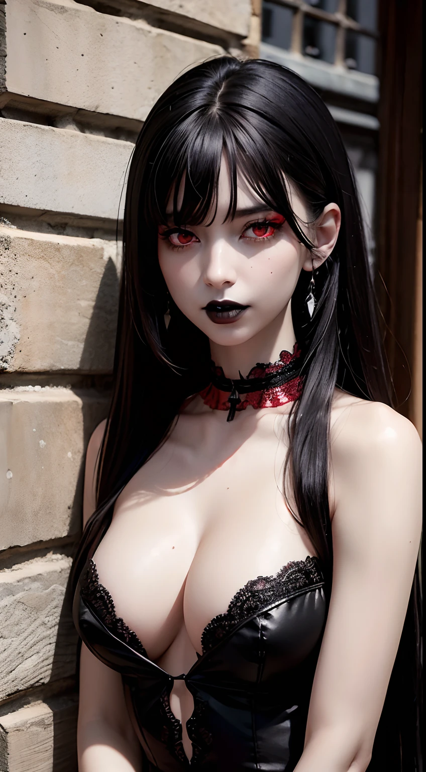 8k, masterpiece, best quality, photorealistic, raw photo, ultra high definition, 1 woman, ((red eyes:1.4)), long messy black hair, pale skin, deep blushing, medium breasts, very low cut sheer gown with lace trim, black lace choker with a diamond pendant, standing against a wall, sad expression, head angled down, eyes looking at viewer, mouth open slightly, (black lipstick:1.4), medieval castle wall background