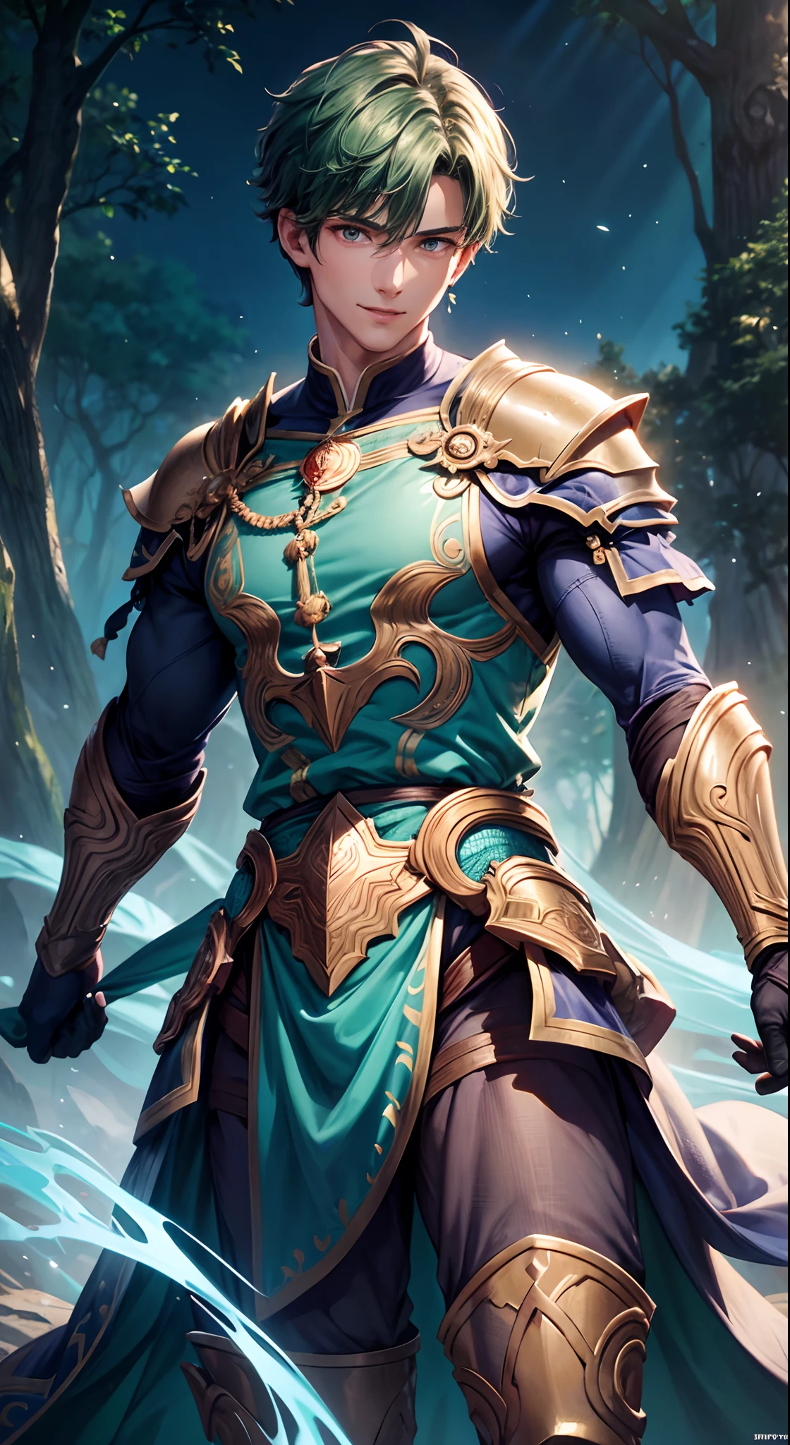 best quality, masterpiece, 1boy, 1man, human, paladin warrior, ([light blue color|deep green color:0.85] short hair), handsome face, athletic body, muscular body, red eyes, (detailed face, detailed eyes), looking to camera, full body, upper body, (simple cloth:1.5), (smile), (hapрy face exprassion:1.5), illustration, ([village background|forest background:1.5]), vibrant colors, sharp focus, powerful presence, luminous lighting, mythical atmosphere, (action pose:0.8)