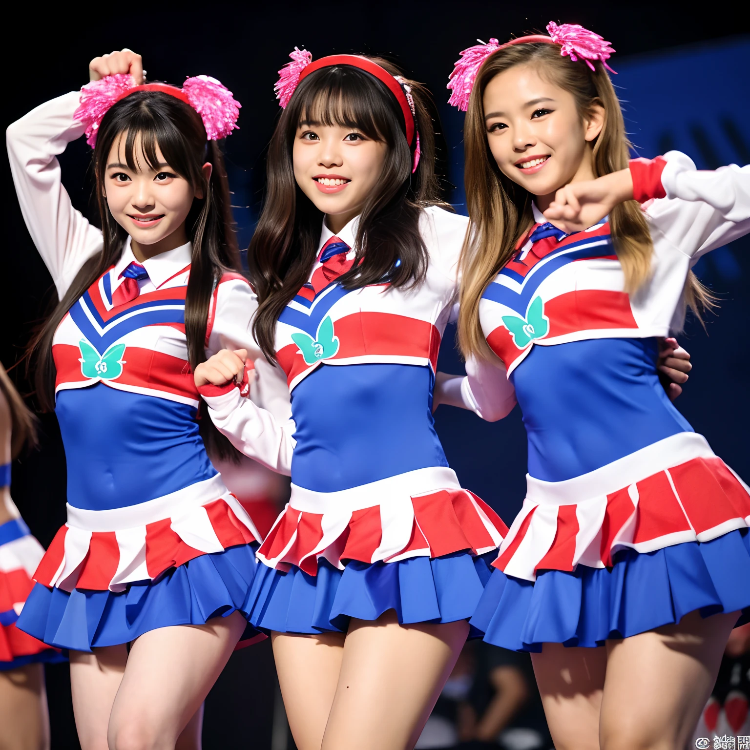 Best-quality, Masterpiece, Ultra-High-Resolution, (Photorealistic:1.4), Raw-Photo, Extremely-details, Perfect-Anatomy,
many girls, group shot, the most popular Japanese girl's idol group, all wearing matching cheerleader costumes,
cheerleading on school festival stage,
all extremely cute faces, all extremely beautiful big black eyes, all extremely beautiful bodies, all extremely beautiful thighs, all extremely beautiful legs