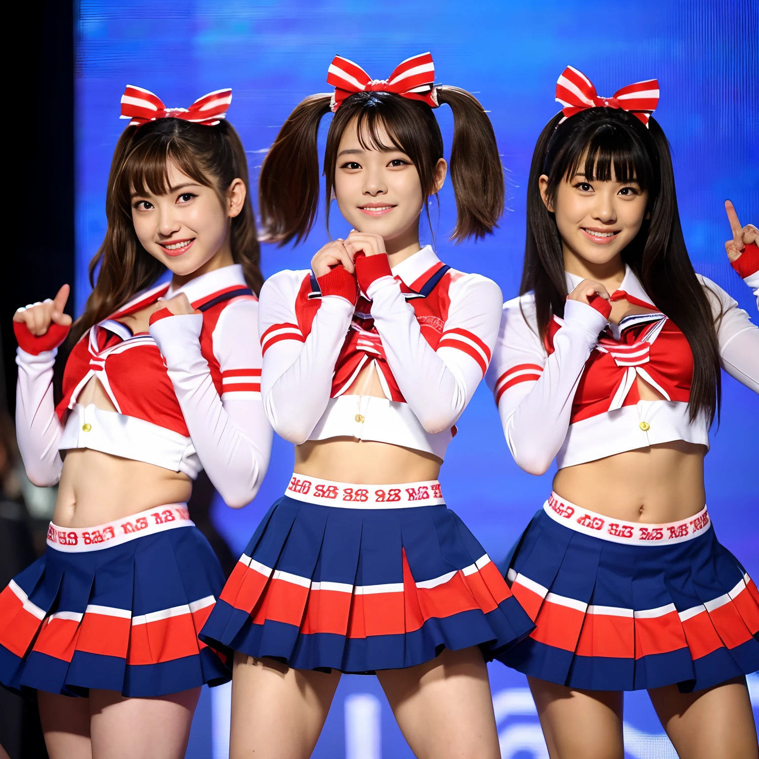 Best-quality, Masterpiece, Ultra-High-Resolution, (Photorealistic:1.4), Raw-Photo, Extremely-details, Perfect-Anatomy, 

many girls, group shot, the most popular Japanese girl's idol group, all wearing matching cheerleader costumes, 

cheerleading on school festival stage, 

all extremely cute faces, all extremely beautiful big black eyes, all extremely beautiful bodies, all extremely beautiful thighs, all extremely beautiful legs