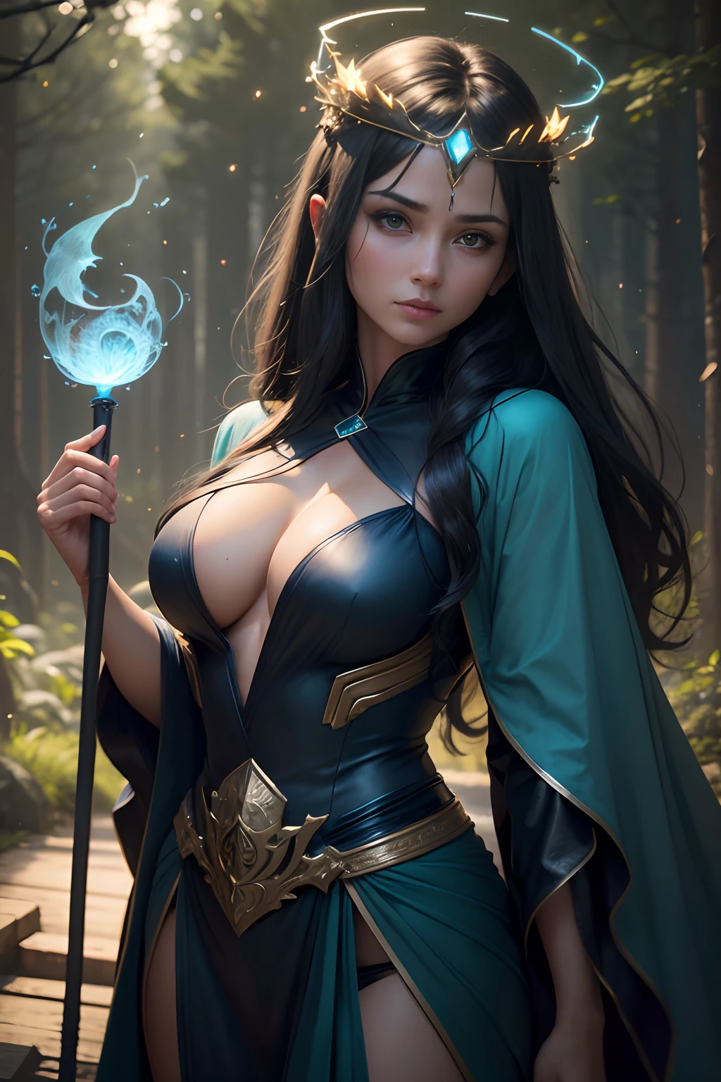 8K,Photorealsitic, Raw photography, top-quality;1.4) ,　(One female 36 years old),　Super beautiful,　(Lifelike face),　blue-black hair,　Cyan silk robe,　green decoration, glares,　holding a staff,　forests,　realisitic,　Precise details,　unrealengine,　Beautiful expression,　Details of each part,　electricity glows in the palm(effect),　super high resolution,　A hyper-realistic,　attractive female,　real looking skin,　Fantasy Emperor,　wind magic, water magic, forest at night, stars in the sky, messy hair, goatee, silk floating clothes, lots of fireflies, (leaf headpiece)