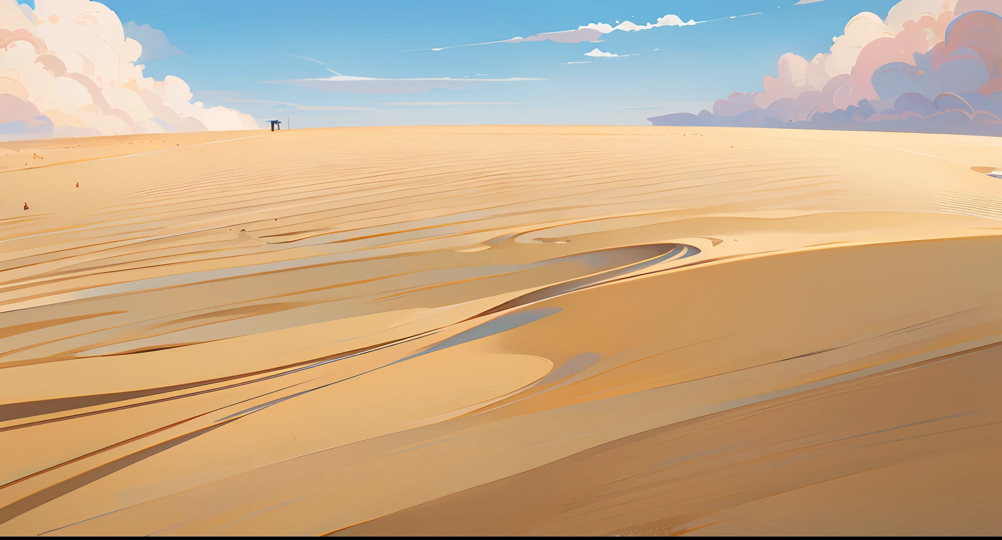 (anime style background, anime background illustration:1.3), (high quality, high resolution), (empty, flat:1.3), flat empty sand ground, blue sky with white clouds, desert landscape,