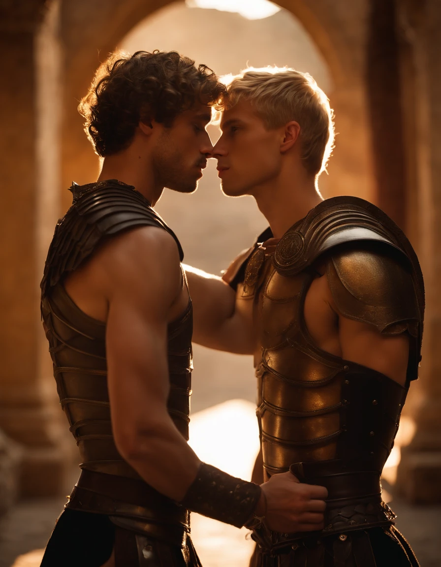 photo of two young men in revealing gladiator armor, kissing. One has wavy blond short hair, the other has black curly short hair. Wearing (loincloths:1.3), shoulder armor, chest harness, bicep cuffs, bracelets. Two (handsome:1.ung men, 20 years old, (slender athletic body:1.3), (twink:1.3), (tanned skin:1.1), (exposed male butt:1.1), exposed thighs. In an ancient roman coliseum, warm lighting, bounce lighting and diffuse shadows, golden hour. 2 male photography, photorealistic, (medium shot: 1.3)