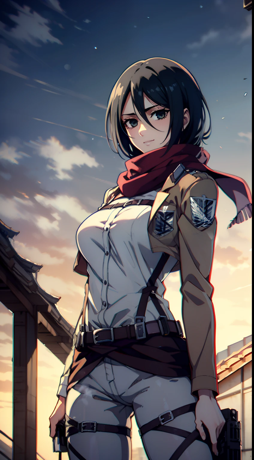 Frame from below, Photo below, view from bottom, Sexy, combat stance, half naked, shirt unbuttoned, Hesitate, Erotica, Super Epic Composition, aot style, Shingeki no Kyojin, mikasa ackerman, 1girl, in full height (Body Full 1.1), Hand strap, quiff, black hair, Black pants, 가슴, green colored eyes, Hair between the eyes, turnstile, long sleeves, looks at the viewer, Average Breasts,, breeches, red scarf, a scarf, Shirt, Short Hair Hair, Roof of the city, roof, Sun, In the air, Holds blades in his hands, jump, Smoke, 独奏, hip belt, white shirt, Scientific Research Building \(Emblem\), ((tmasterpiece)), beste-Qualit, Sex, hooligan, waist, legsupms, buttocks, 가슴, (Body Full 1.1), Camera from above, Frame from above, the night, Lights, looks at the viewer, ssmile, grin, criminal, laughting, Cool anime 8K, Clean and detailed anime art, 4K Manga Wallpapers, Подробный портрет Anime Girl, Anime 4K Style, Anime Art Wallpapers 4K, Anime Art Wallpaper 4K Masterpiece, Gorgeous, Best Quality,