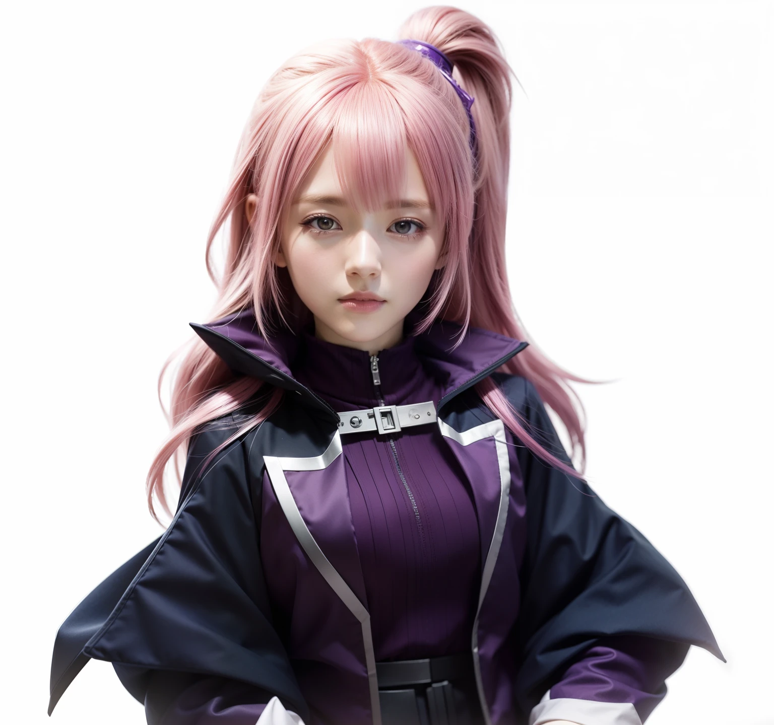 a close up of a person with pink hair and a purple cape, haruno sakura, portrait knights of zodiac girl, photorealistic anime girl render, smooth anime cg art, portrait of a female anime hero, jrpg character art, render of april, final fantasy character, render of a cute 3d anime girl, 2. 5 d cgi anime fantasy artwork