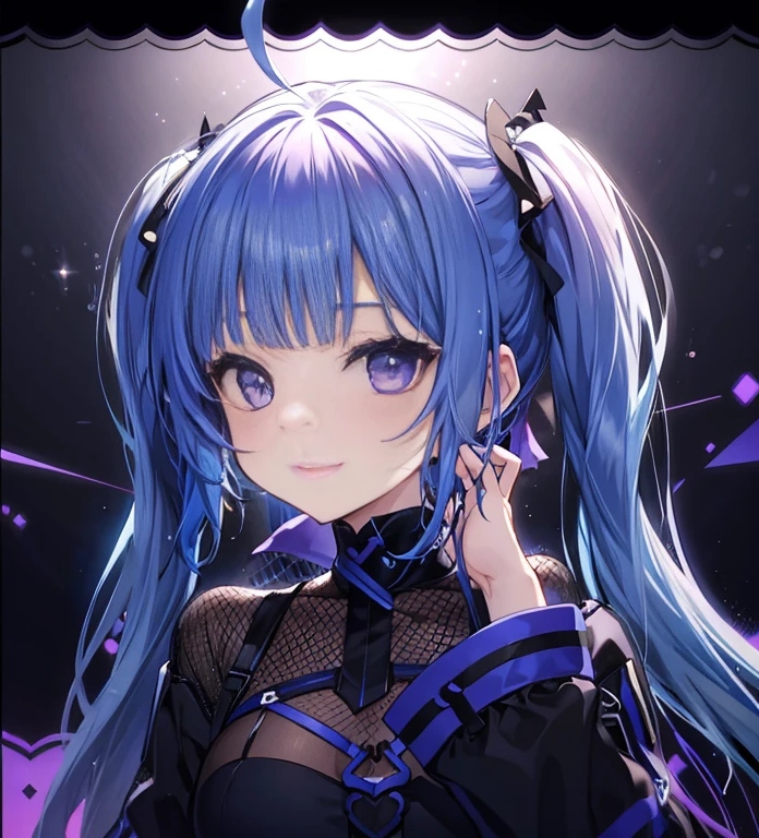 Blue-haired twintails、a smile、Purple Mesh、Dark eyeliner、Black clothe