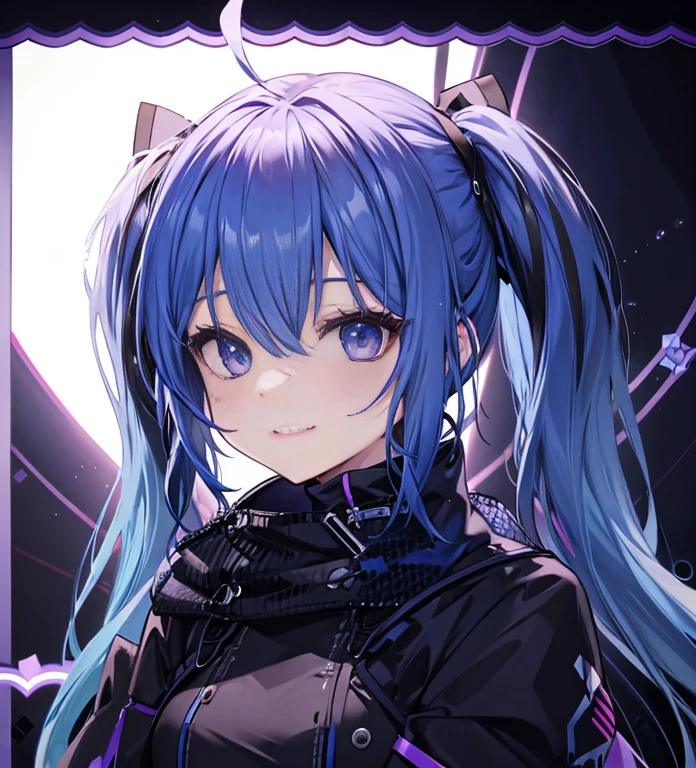 Blue-haired twintails、a smile、Purple Mesh、Dark eyeliner、Black clothe