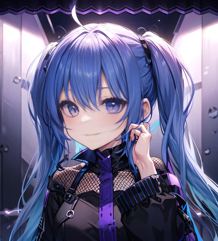 Blue-haired twintails、a smile、Purple Mesh、Dark eyeliner、Black clothe