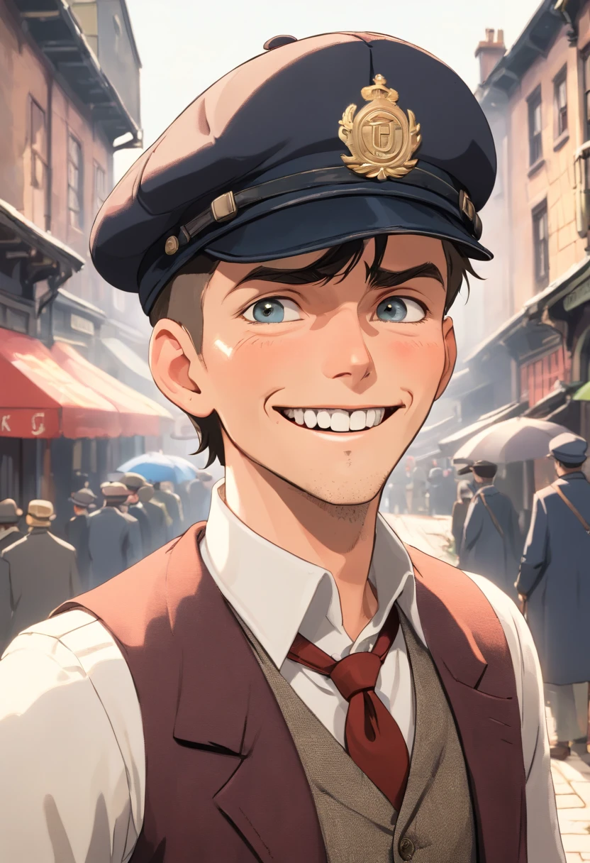 photo of (TCr3ws:1), a man as a Peaky blinder, (laughing with bare teeth:1.3), (face focus), modelshoot style, (extremely detailed CG unity 8k wallpaper), Intricate, High Detail, Sharp focus, dramatic, photorealistic painting art by midjourney and greg rutkowski , (walking on the slums of London), (wearing a peaked cap:1.1), (detailed pupils:1.2), (dinamic pose:1.2), (Peaky Blinders:1.2), (holstered gun), (hands on hips:1.2), (closeup:1.1)